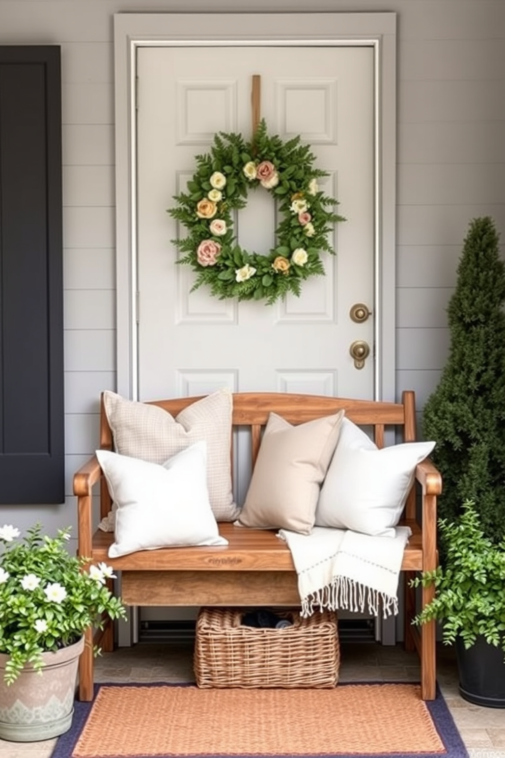 A charming entryway featuring a wooden bench adorned with cozy pillows in soft pastel colors. The bench is positioned against a backdrop of a light gray wall, and a woven basket sits underneath, adding texture and warmth. The front door is beautifully decorated with a seasonal wreath made of fresh greenery and colorful flowers. Flanking the door are potted plants that enhance the inviting atmosphere, completing the welcoming look.