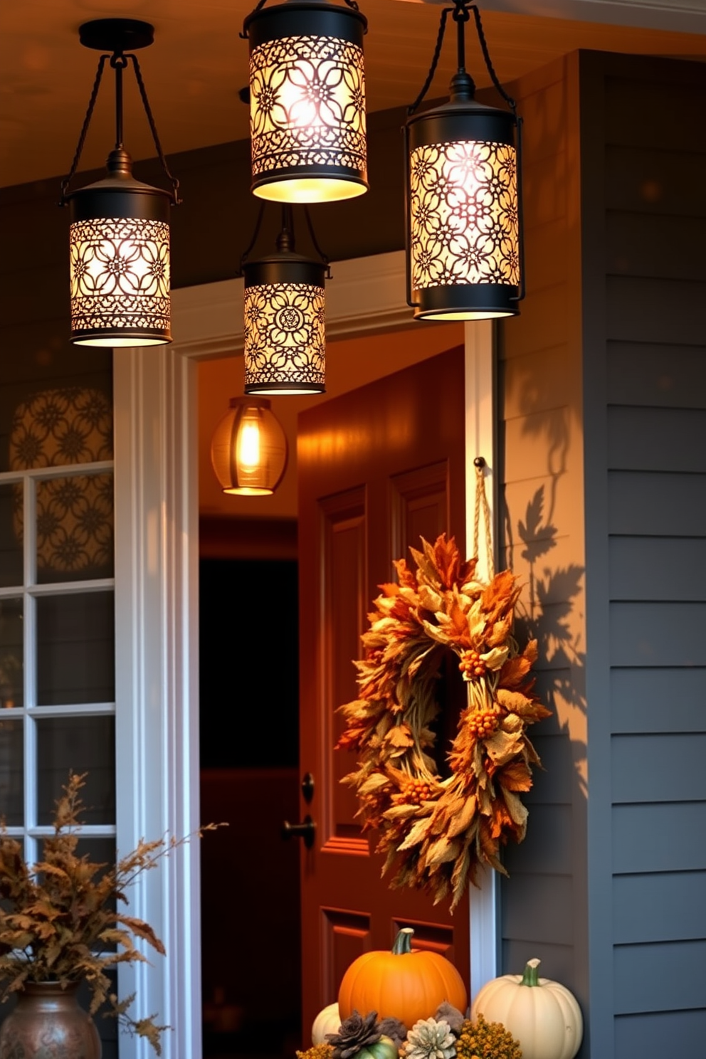 Hanging lanterns softly illuminate the entryway creating a warm and inviting atmosphere. Each lantern features intricate designs casting beautiful shadows on the walls, enhancing the charm of the evening. For fall front door decorating ideas, vibrant pumpkins in various sizes are arranged alongside seasonal foliage. A cozy wreath made of dried leaves and berries adorns the door, welcoming guests with a touch of autumn elegance.