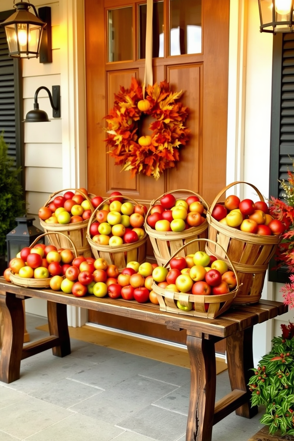 Fresh apple baskets are arranged on a rustic wooden bench, creating a warm and inviting harvest feel. The vibrant red and green apples contrast beautifully with the natural wood tones, enhancing the seasonal charm. The front door is adorned with a wreath made of autumn leaves and small pumpkins, welcoming guests with seasonal flair. Soft, warm lighting from lanterns flanks the door, adding a cozy touch to the fall decor.