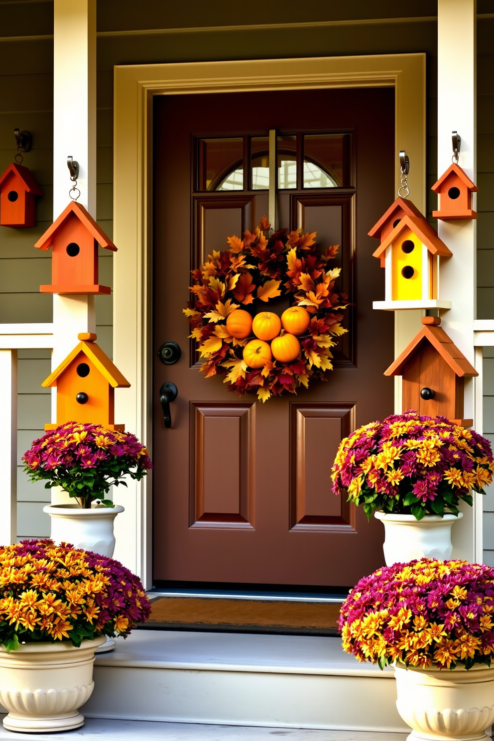 A charming front porch adorned with decorative birdhouses in vibrant fall colors. The birdhouses are crafted from wood, painted in shades of orange, red, and yellow, and are hung from hooks on the porch railing. The front door is elegantly decorated with a wreath made of autumn leaves and small pumpkins. Flanking the door, potted mums in rich hues of purple and gold add a welcoming touch to the entrance.