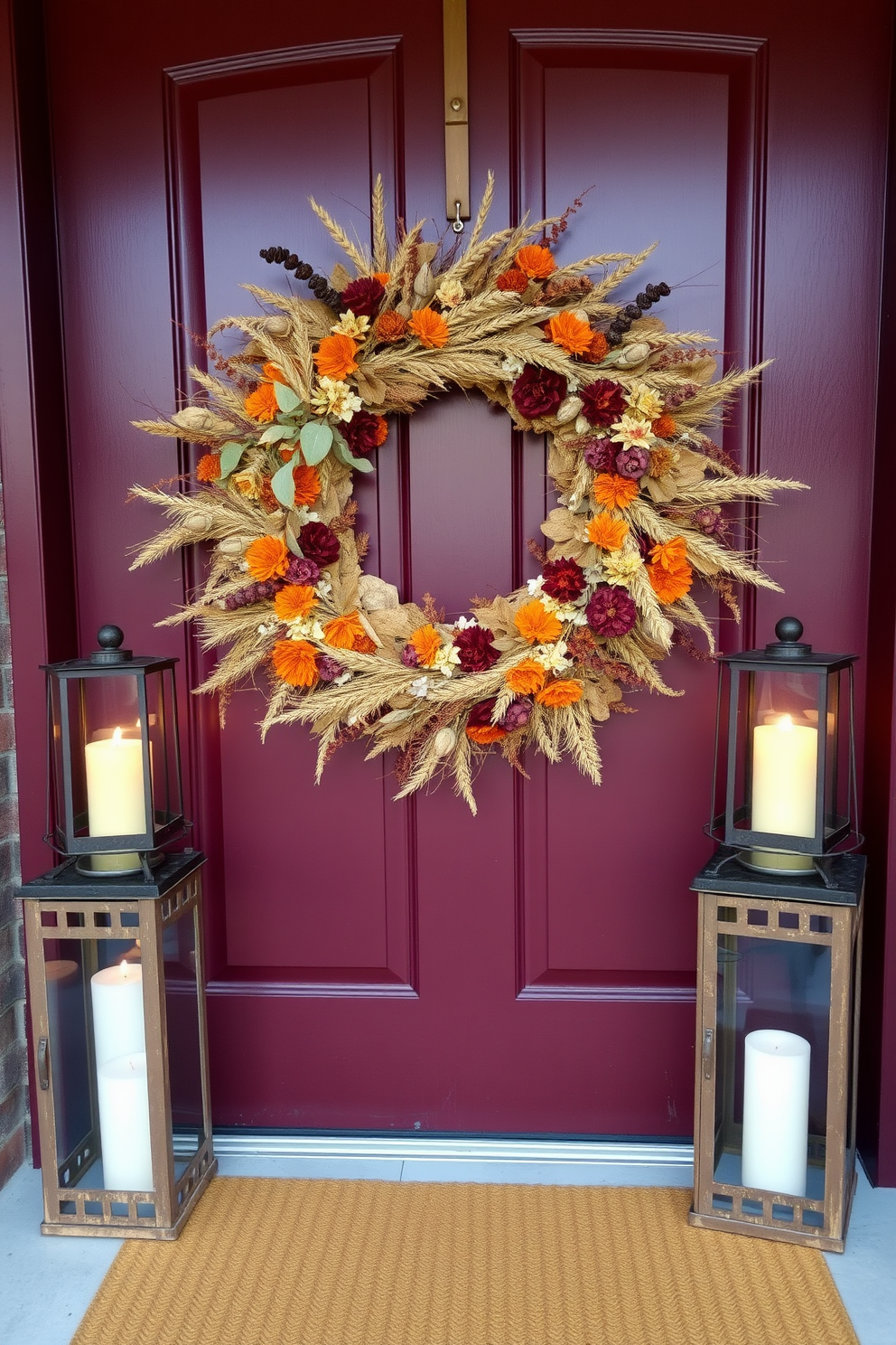 A charming front door adorned with a wreath made from an array of dried flowers in warm autumn hues. The wreath features elements like wheat, eucalyptus, and deep orange florals, creating a welcoming and seasonal touch. Flanking the door, two rustic lanterns sit on either side, filled with flickering candles that cast a soft glow. The door itself is painted in a rich burgundy shade, enhancing the cozy fall aesthetic.