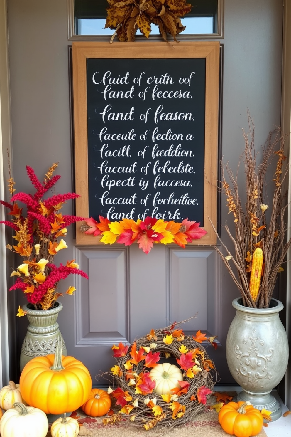 A charming front door adorned with a rustic chalkboard sign displaying seasonal quotes in elegant handwritten script. Surrounding the door are colorful autumn decorations, including vibrant pumpkins, dried corn, and a wreath made of leaves and twigs.