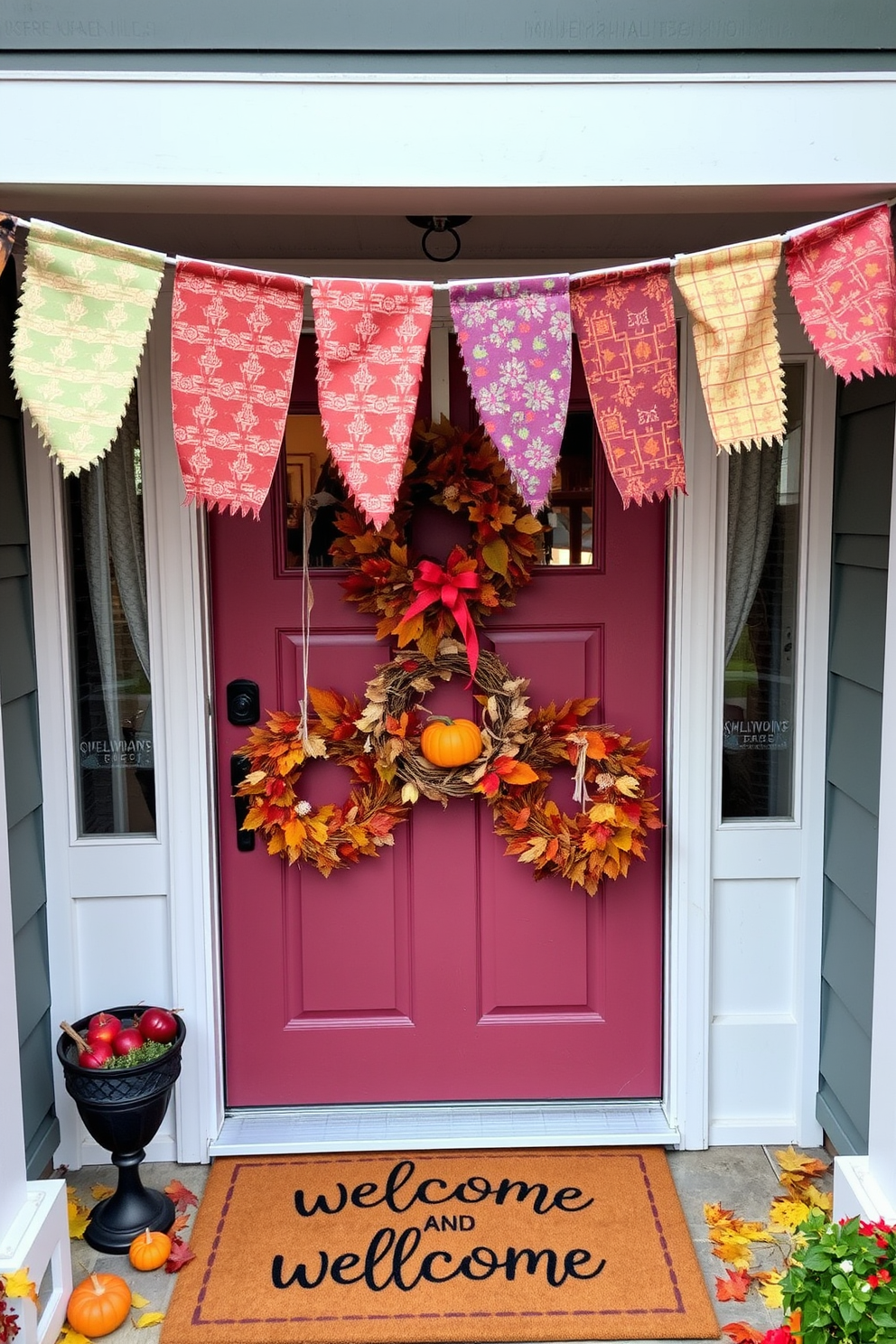 Colorful fabric banners hang cheerfully from the top of a welcoming front door. The banners feature vibrant patterns and hues, adding a playful touch to the autumn decor. Seasonal wreaths made of leaves and small pumpkins adorn the door, enhancing the festive atmosphere. A cozy doormat with a whimsical design invites guests to step inside.