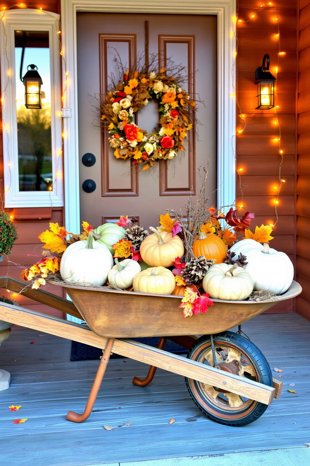 A rustic wheelbarrow is creatively filled with an assortment of seasonal decor items including pumpkins, gourds, and colorful autumn leaves. The wheelbarrow is positioned on a wooden porch, inviting guests with its warm and charming fall aesthetic. The front door is adorned with a handmade wreath featuring dried flowers and twigs, complementing the rustic theme. Soft golden lights are strung around the entryway, enhancing the cozy atmosphere as the sun sets.