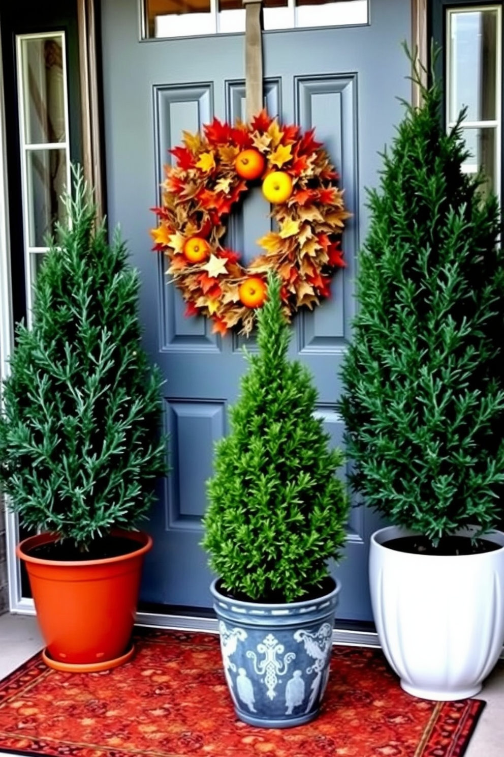 A charming fall front door setting featuring potted evergreen trees that provide year-round appeal. The door is adorned with a rustic wreath made of autumn leaves and small pumpkins, creating a warm and inviting entrance.