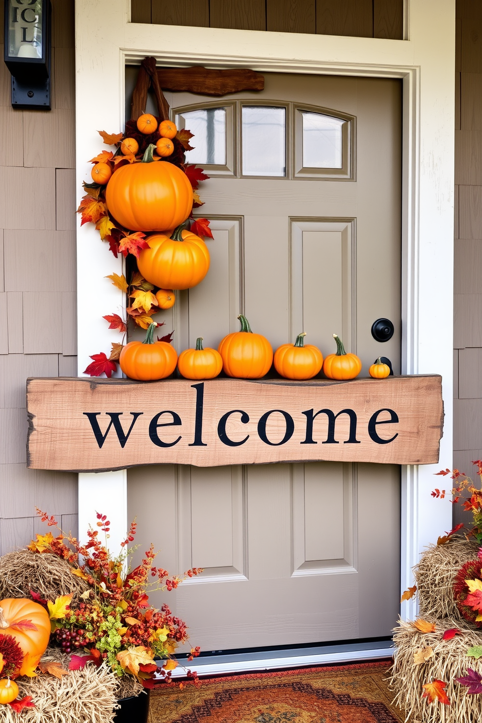 A rustic wooden welcome sign is adorned with vibrant orange pumpkins, creating a warm and inviting atmosphere for the fall season. The sign hangs on a charming front door, surrounded by seasonal decorations like hay bales and colorful autumn leaves.