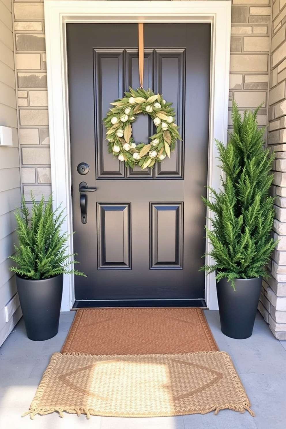 Layered textures create a warm and inviting entryway. A large woven rug sits beneath a smaller patterned mat, adding depth and interest to the space. The front door is adorned with a seasonal wreath made of natural elements. Flanking the door, potted plants in stylish containers enhance the welcoming atmosphere.