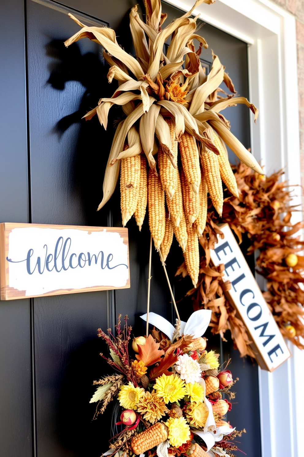 Hanging dried corn stalks create a rustic and textured backdrop for your fall front door decor. Pair them with a warm welcome sign and seasonal wreath to enhance the inviting atmosphere.