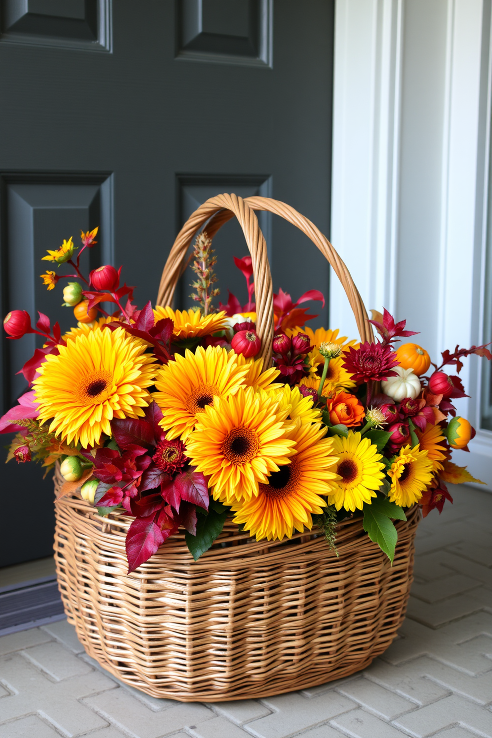 A seasonal floral arrangement in a woven basket is displayed at the front door. The basket is filled with vibrant autumn flowers like chrysanthemums and sunflowers, complemented by colorful leaves and small pumpkins.