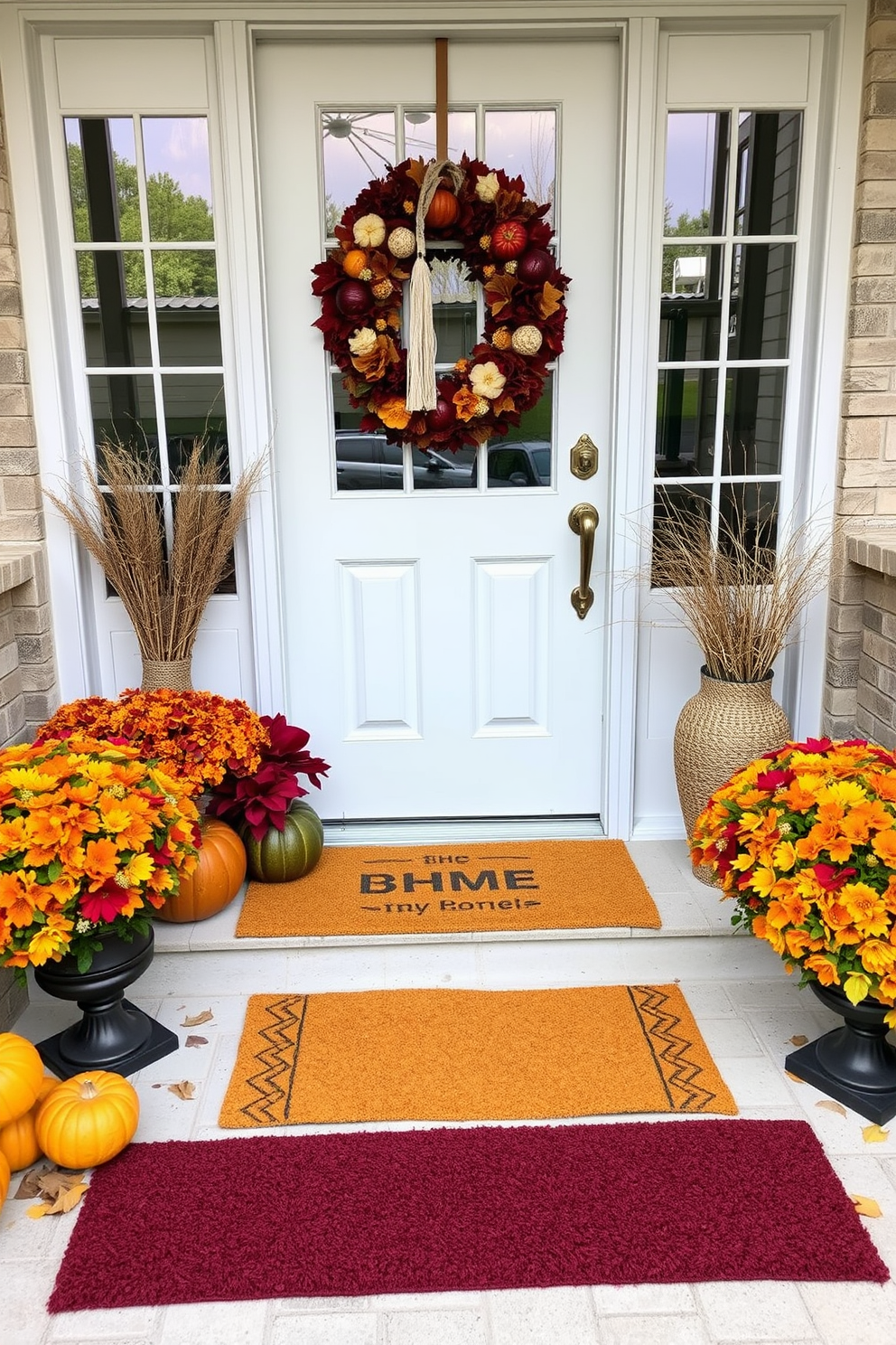 A welcoming front door adorned with layered doormats in rich fall colors such as deep orange, burgundy, and mustard yellow. The doormats are placed at varying sizes, creating a cozy and inviting entrance that reflects the beauty of autumn.