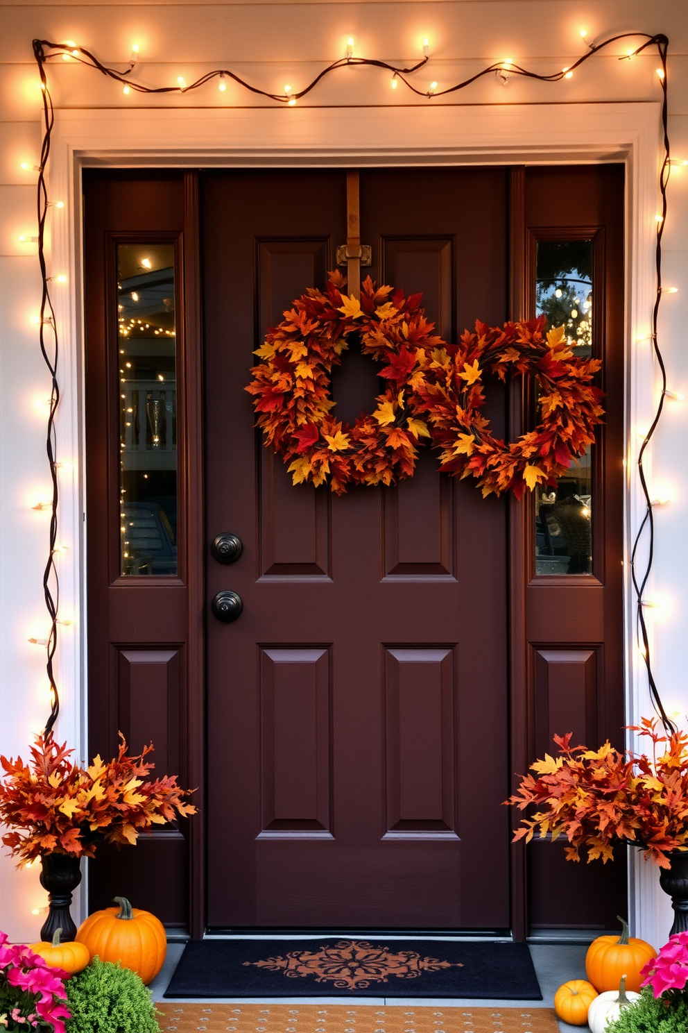 A charming fall front door adorned with string lights creates a warm and inviting atmosphere. The door is framed with seasonal wreaths made of colorful leaves and small pumpkins, enhancing the festive look.