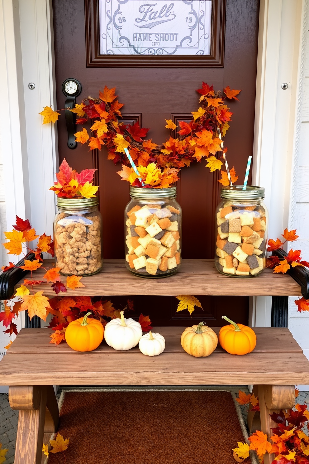 A charming front door adorned with mason jars filled with seasonal treats. The jars are arranged on a rustic wooden bench, surrounded by colorful autumn leaves and small pumpkins.