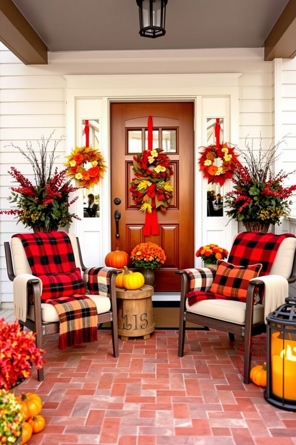 A cozy porch setting featuring plaid throw blankets draped over comfortable chairs. The entrance showcases a beautifully decorated front door adorned with autumn-themed wreaths and vibrant seasonal accents.