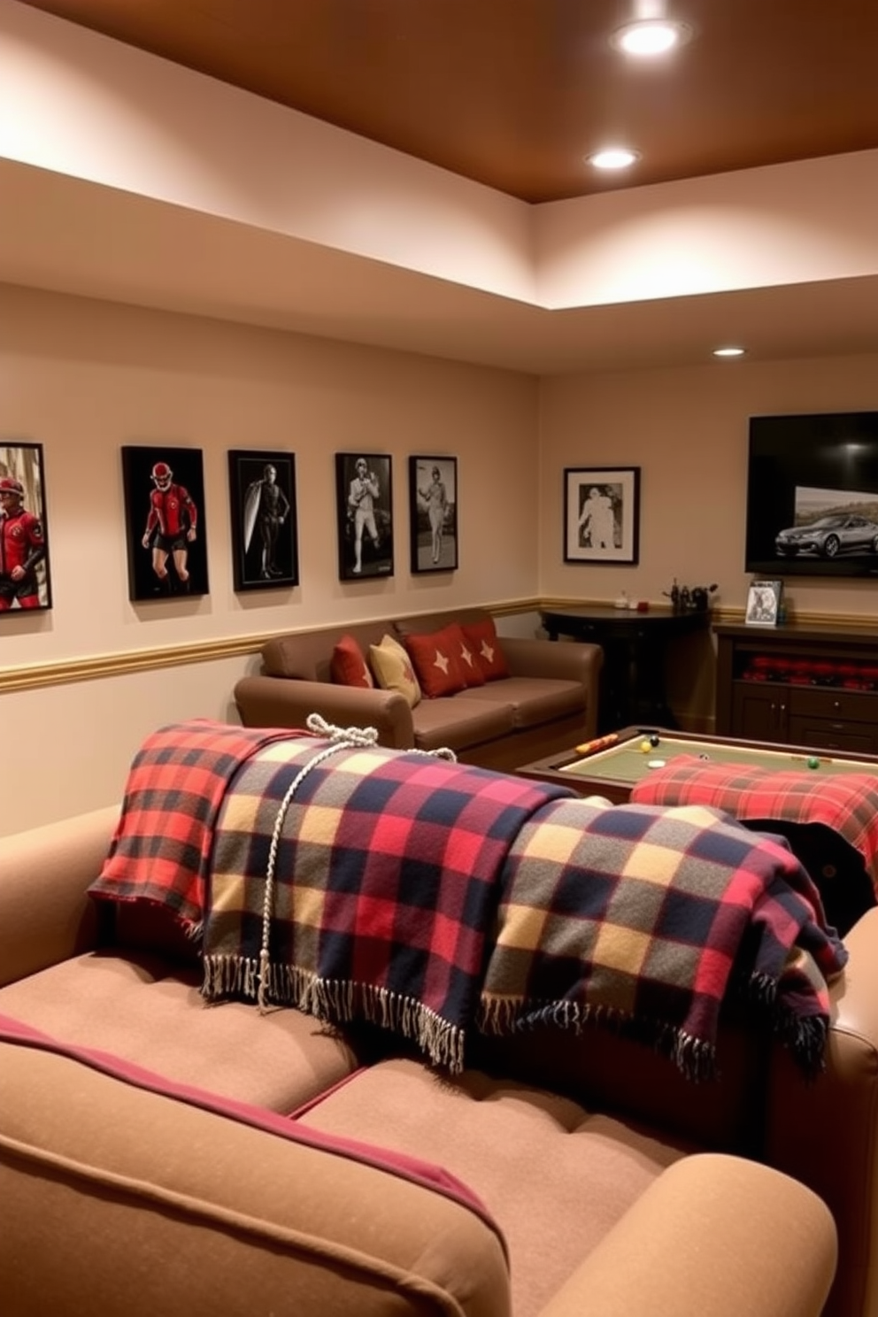 A cozy game room featuring couches adorned with warm plaid throw blankets. The space is illuminated by soft lighting, creating an inviting atmosphere perfect for relaxation and entertainment.