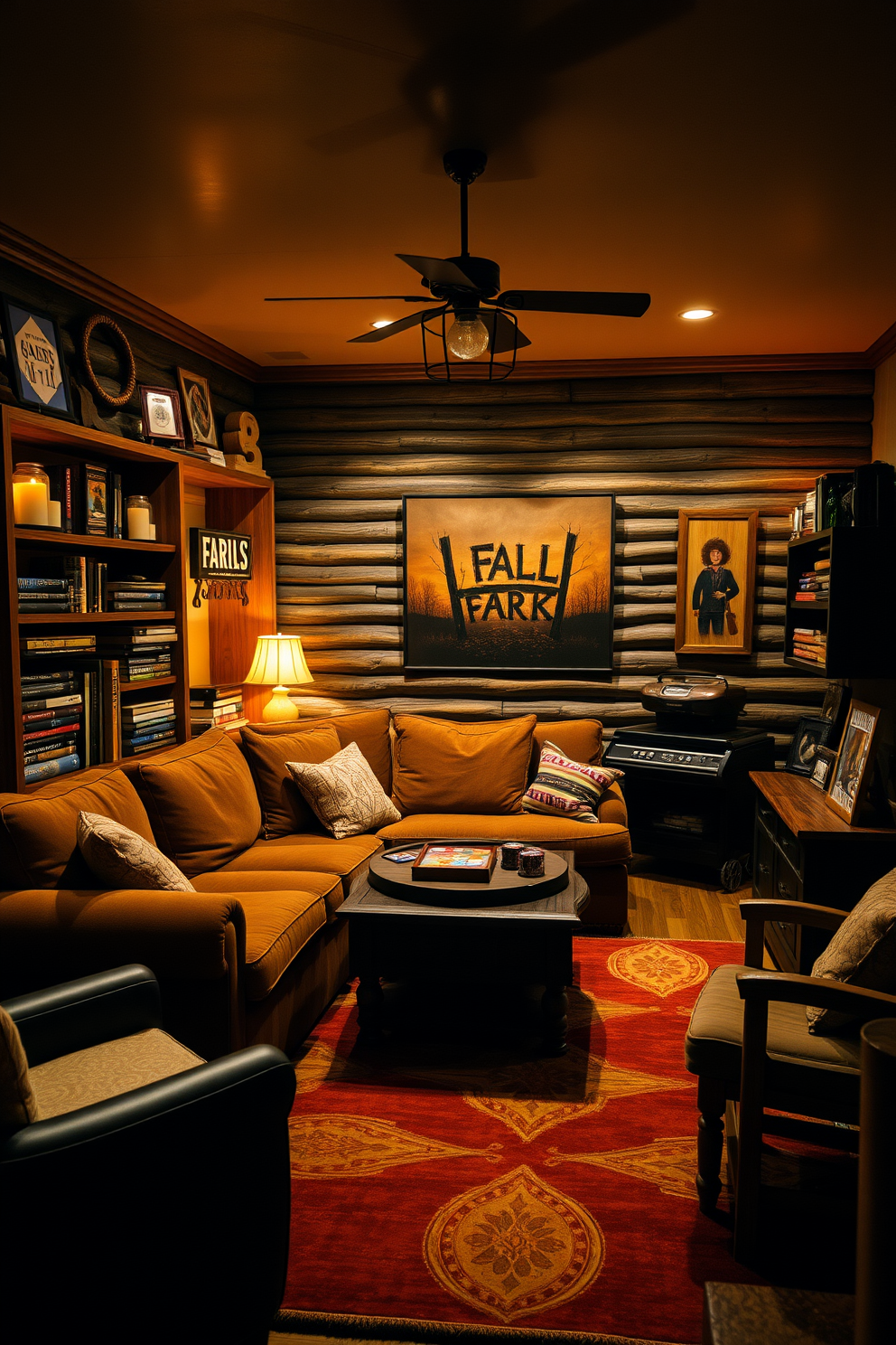 A cozy game room featuring warm lighting and an inviting atmosphere. The space is adorned with candles in fall scents, creating a soothing ambiance that enhances the enjoyment of games and gatherings. The room includes a plush sectional sofa in rich earth tones, surrounded by rustic wooden shelves filled with board games and books. A large area rug with autumnal colors anchors the seating area, while wall art reflects the spirit of fall.