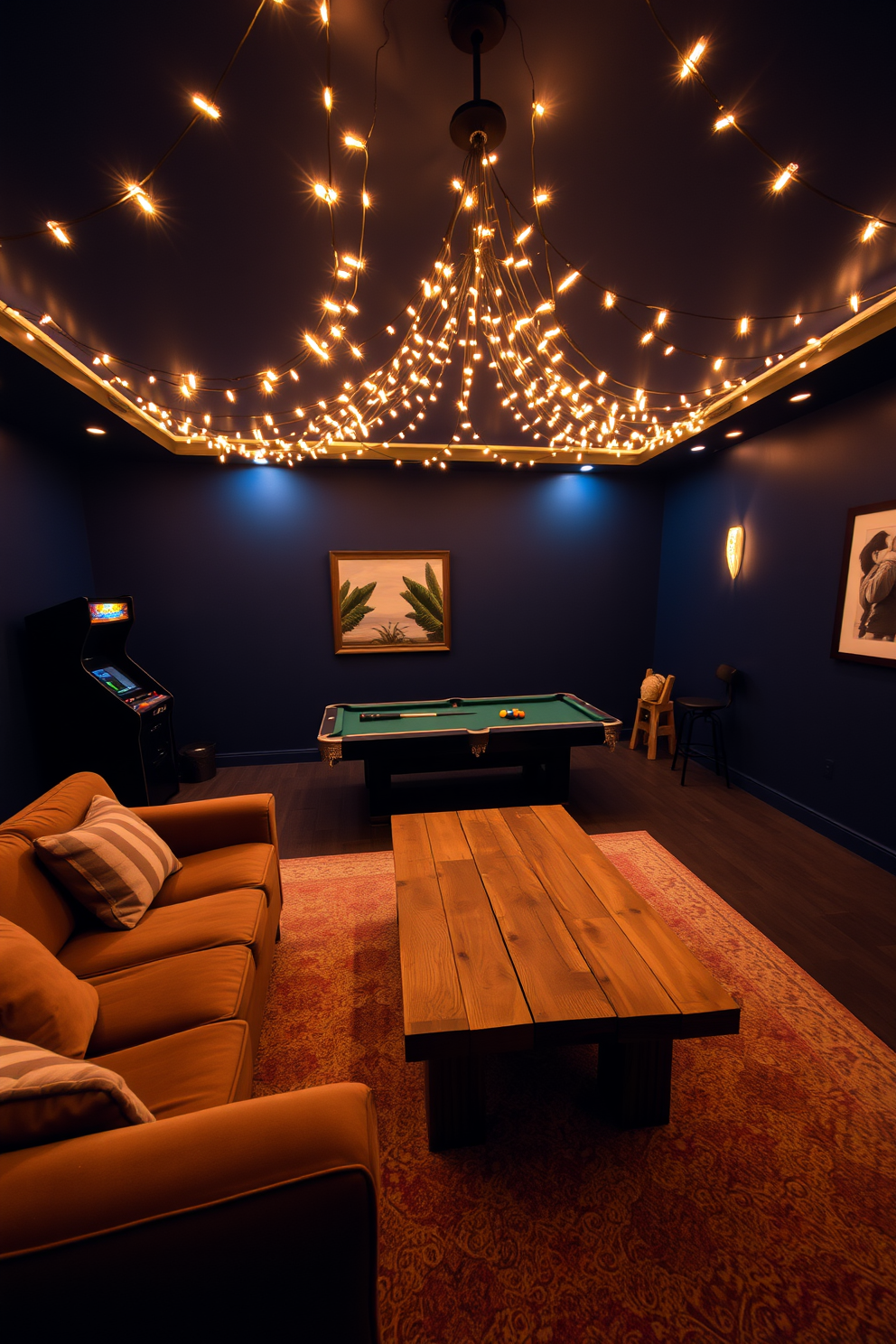 A cozy game room with warm ambient lighting. The walls are painted in a deep navy blue, and a plush sectional sofa is arranged around a rustic wooden coffee table. Hanging string lights are draped across the ceiling, creating a festive atmosphere. A vintage arcade machine stands in one corner, complemented by a sleek pool table in the center of the room.