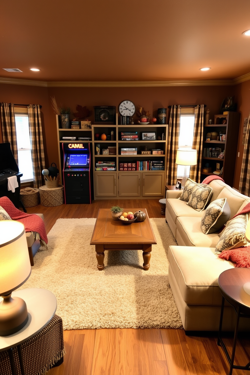 A cozy fall game room features a large sectional sofa adorned with textured throws in warm autumn hues. The walls are painted in a rich, earthy tone, and a wooden coffee table sits at the center, surrounded by plush area rugs for added comfort. In one corner, a vintage arcade machine adds a playful touch, while shelves display an array of board games and seasonal decor. Soft lighting from stylish floor lamps creates an inviting atmosphere, perfect for gathering with friends and family.