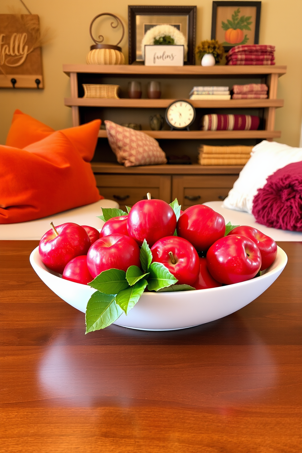 Crisp apple decorations for a fresh look. Bright red apples are arranged in a sleek white bowl on a polished wooden table, complemented by green leaves for a vibrant touch. Fall Game Room Decorating Ideas. The game room features warm colors with plush, oversized cushions in burnt orange and deep burgundy, while rustic wooden shelves display seasonal decor and cozy throw blankets.