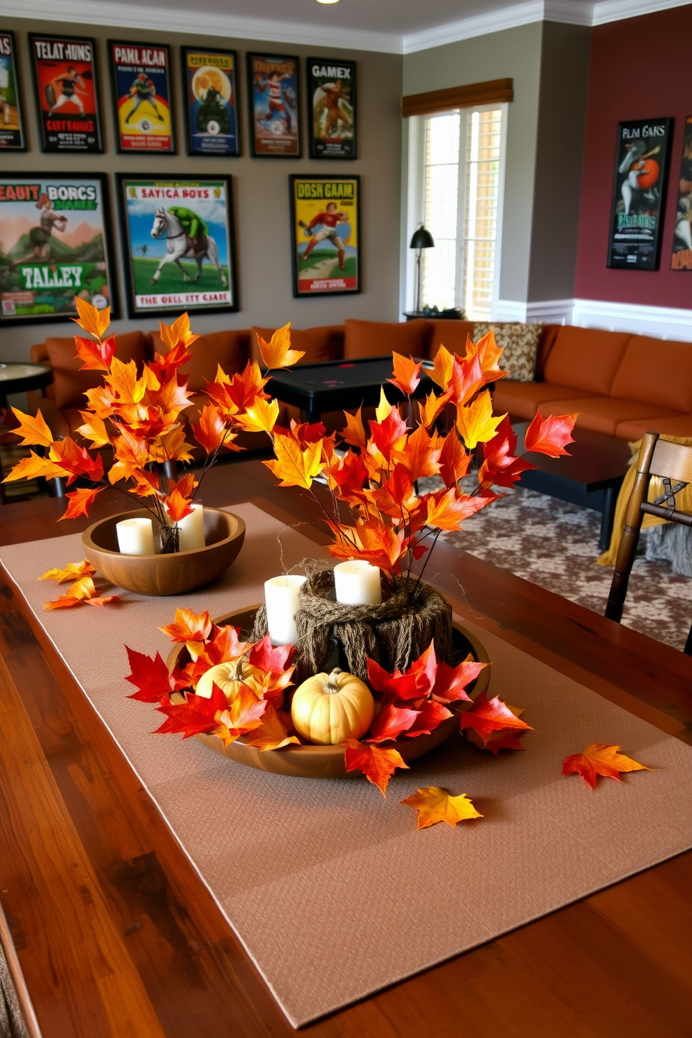 A cozy dining table adorned with vibrant autumn leaves as centerpieces. The leaves are arranged in a rustic wooden bowl, complemented by small pumpkins and candles for a warm ambiance. A stylish game room featuring a large sectional sofa in rich, earthy tones. The walls are decorated with framed vintage game posters, and a plush area rug anchors the space around a sleek coffee table.