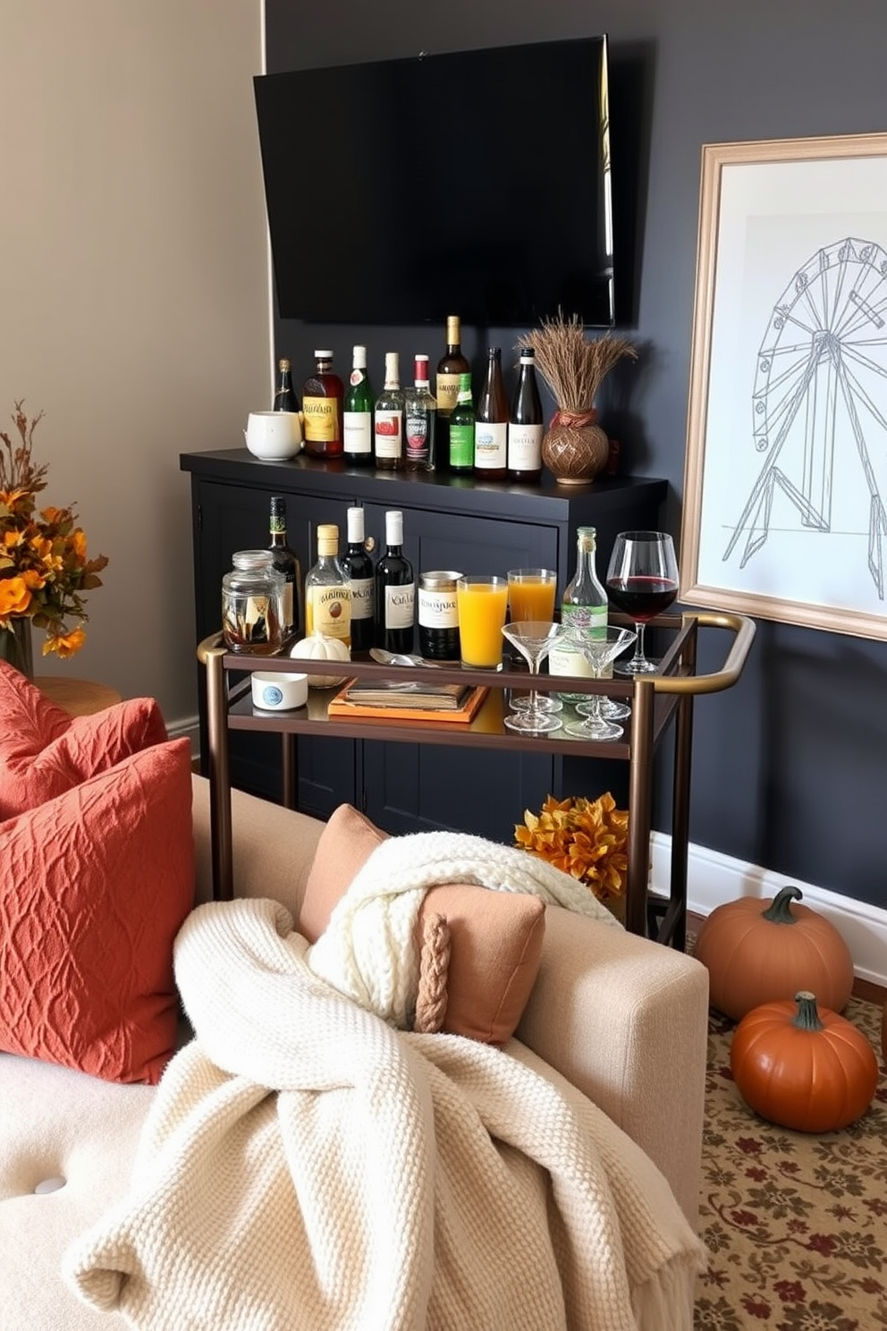 A stylish game room featuring a sleek bar cart adorned with seasonal drinks. The cart is made of dark wood with gold accents and is stocked with an array of colorful bottles and glassware. Cozy autumn-themed decorations are scattered throughout the room. Plush throw pillows in warm hues and a soft blanket drape over the couch, creating an inviting atmosphere perfect for gatherings.