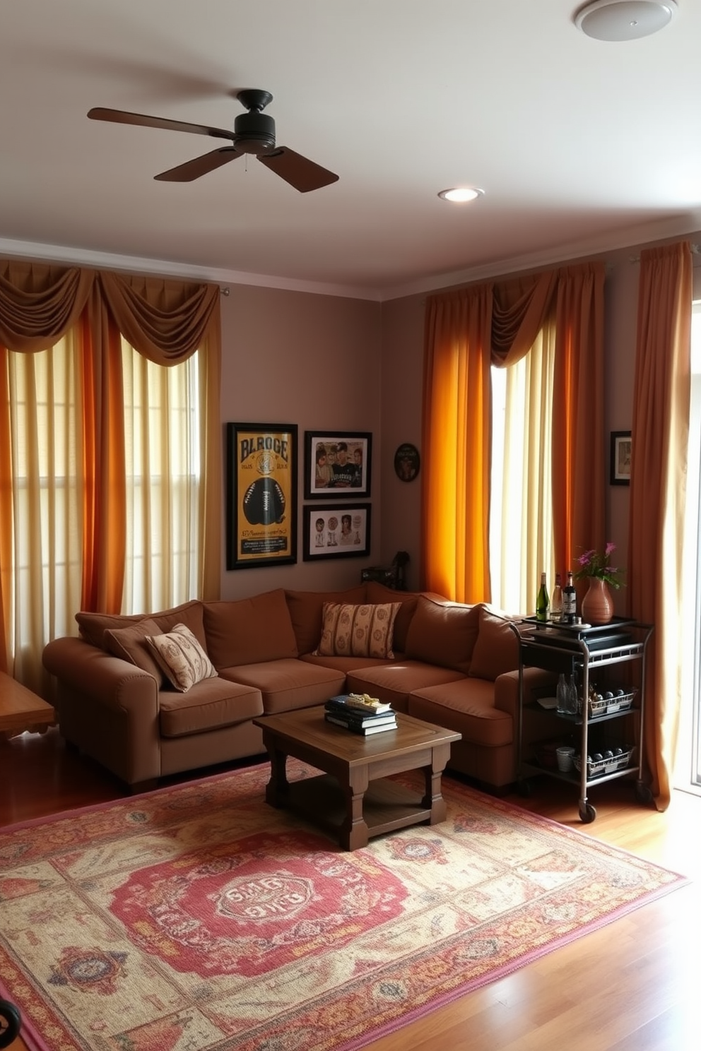 A cozy game room adorned with warm-toned curtains that softly filter the light. The space features a plush sectional sofa in earthy tones, paired with a rustic wooden coffee table and a large area rug that adds warmth underfoot. The walls are decorated with framed vintage sports memorabilia, creating an inviting atmosphere for entertainment. A corner bar cart stocked with drinks and snacks invites friends to gather and enjoy game nights together.