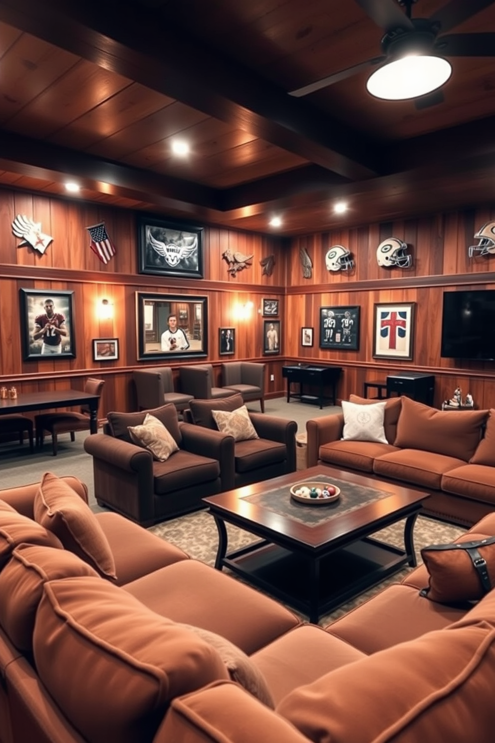 A warm and inviting game room filled with soft amber lighting that creates a cozy atmosphere. Plush seating arrangements are scattered throughout the space, inviting relaxation and enjoyment. The walls are adorned with rustic wooden panels and framed sports memorabilia, adding character to the room. A large, comfortable sectional sofa faces a stylish coffee table, perfect for game nights with friends and family.