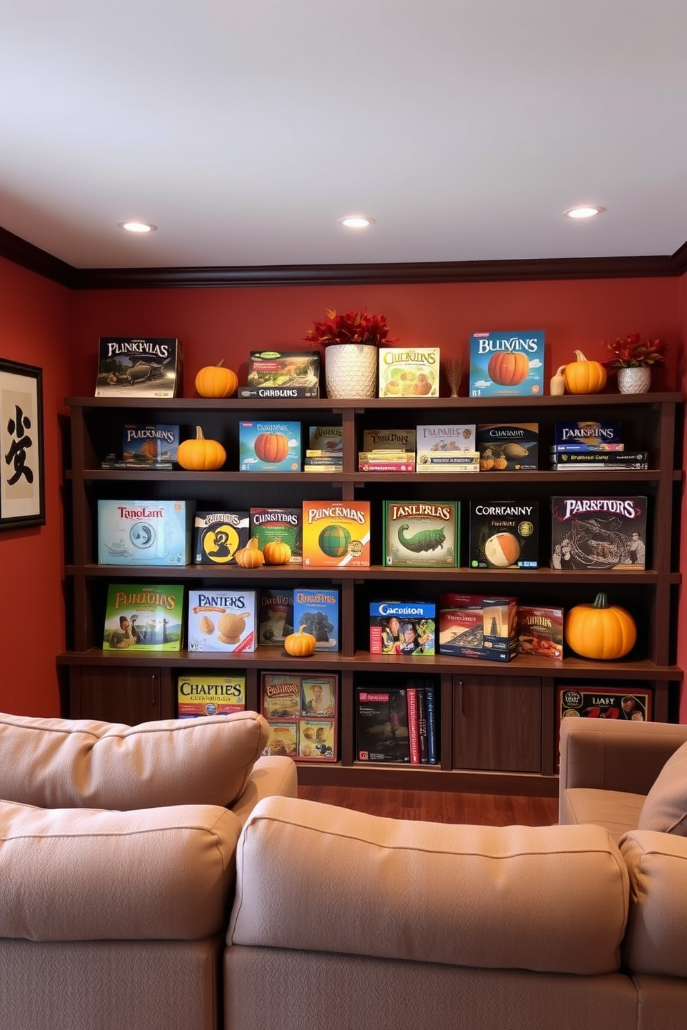 A cozy game room filled with seasonal games displayed on wooden shelves. The walls are painted in warm autumn tones, and plush seating invites relaxation and fun. Decorative pumpkins and colorful leaves are arranged on the shelves alongside board games. Soft lighting creates an inviting atmosphere perfect for family gatherings and game nights.