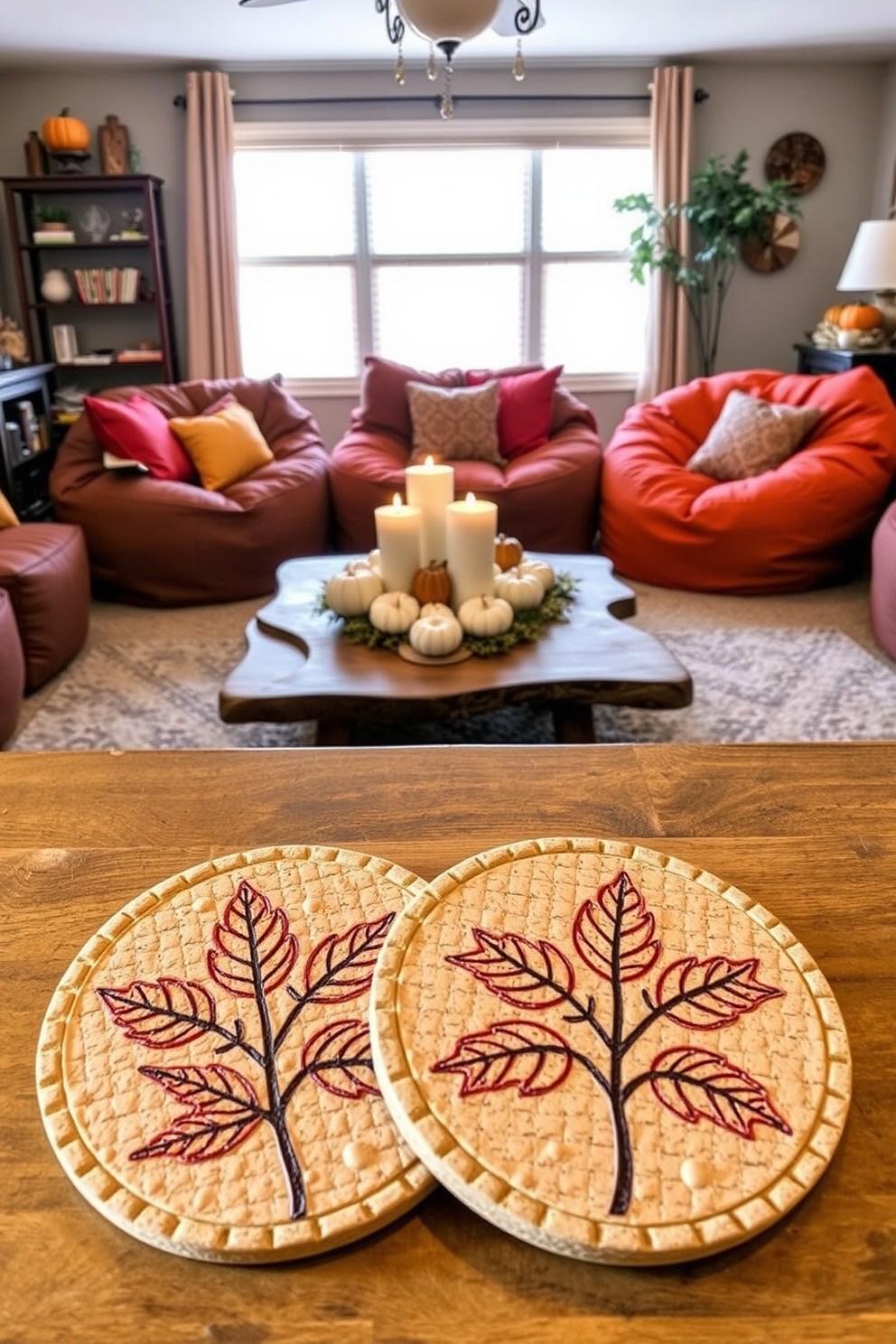 Fall themed coasters for drinks. The coasters are made from natural cork with intricate leaf designs in warm autumn colors like orange, red, and yellow. Fall Game Room Decorating Ideas. The game room features a cozy seating area with plush, oversized bean bags and a rustic wooden coffee table adorned with seasonal decorations like pumpkins and candles.