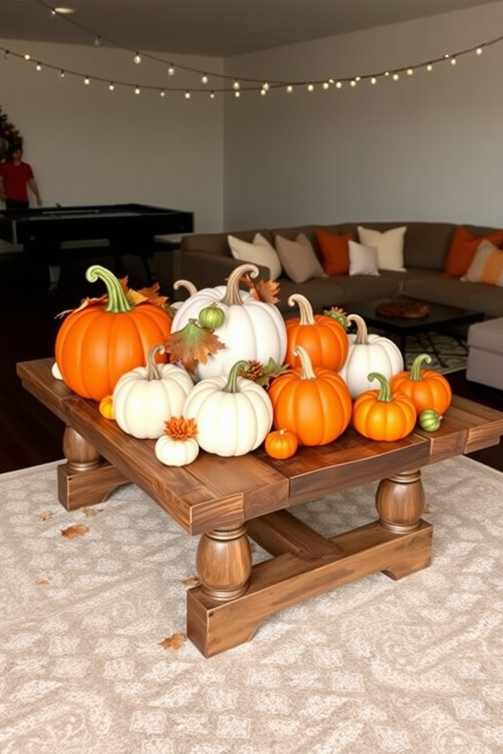 Decorative pumpkins in various sizes are arranged on a rustic wooden table. The pumpkins are in shades of orange, white, and green, complemented by autumn leaves and small gourds scattered around them. The game room features cozy seating with plush cushions in warm tones. A large area rug with a geometric pattern anchors the space, while string lights add a festive touch overhead.