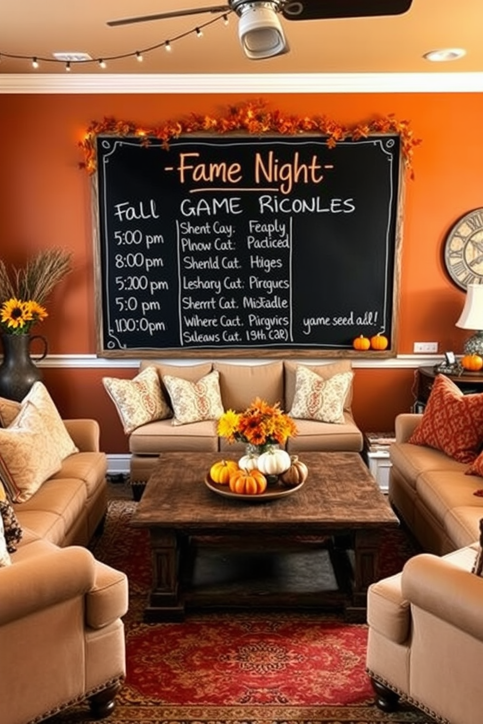 A cozy game room featuring a large chalkboard displaying the fall game night schedule. The walls are painted in warm autumn hues, and plush seating is arranged around a rustic wooden coffee table. Decorative elements include string lights and seasonal accents like pumpkins and leaves. A vintage rug adds warmth to the space, creating an inviting atmosphere for friends and family.