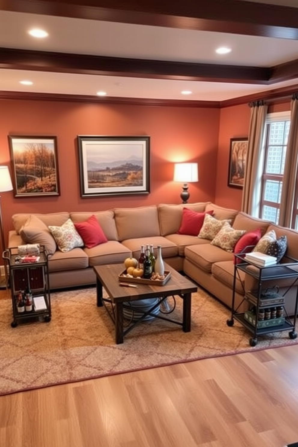 A cozy game room features a large sectional sofa adorned with plush cushions in warm autumn colors. The walls are decorated with framed artwork depicting fall landscapes, and a rustic coffee table sits in the center, surrounded by soft area rugs. In one corner, a stylish bar cart is stocked with seasonal drinks and snacks, enhancing the inviting atmosphere. Ambient lighting from floor lamps creates a warm glow, perfect for game nights with friends and family.