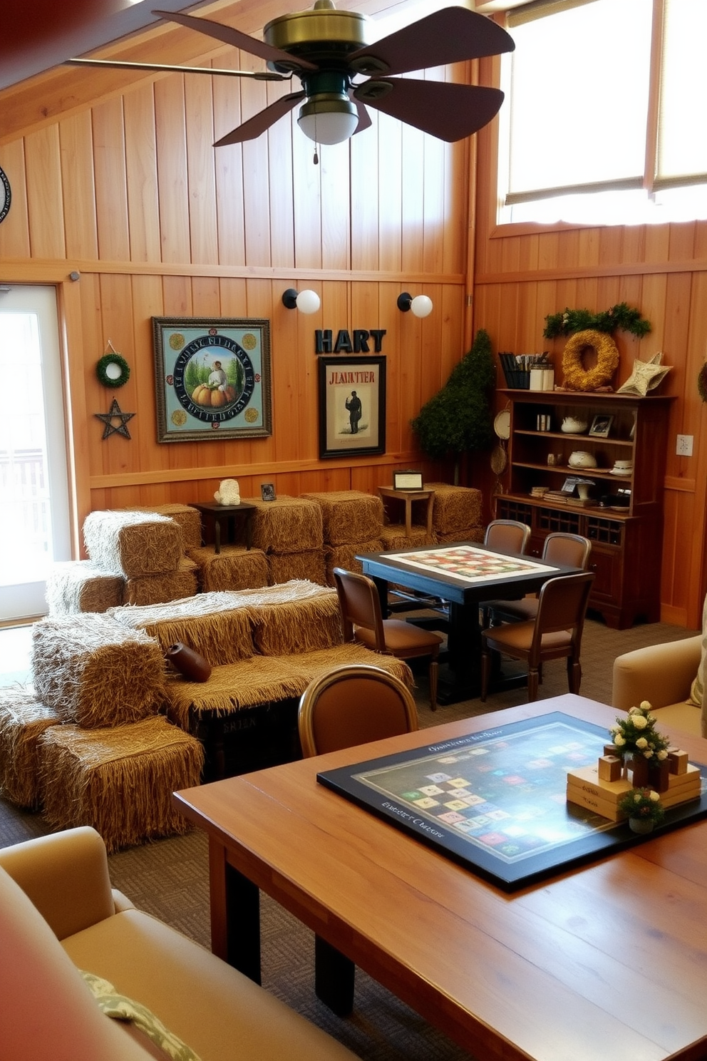 Miniature hay bales are arranged as charming accents throughout a cozy game room. The space features warm wood paneling and rustic decor elements, creating an inviting atmosphere for fun and relaxation. The game room includes a large wooden table with board games spread out, surrounded by comfortable seating. Soft lighting illuminates the area, enhancing the seasonal theme and inviting guests to enjoy the festive decor.