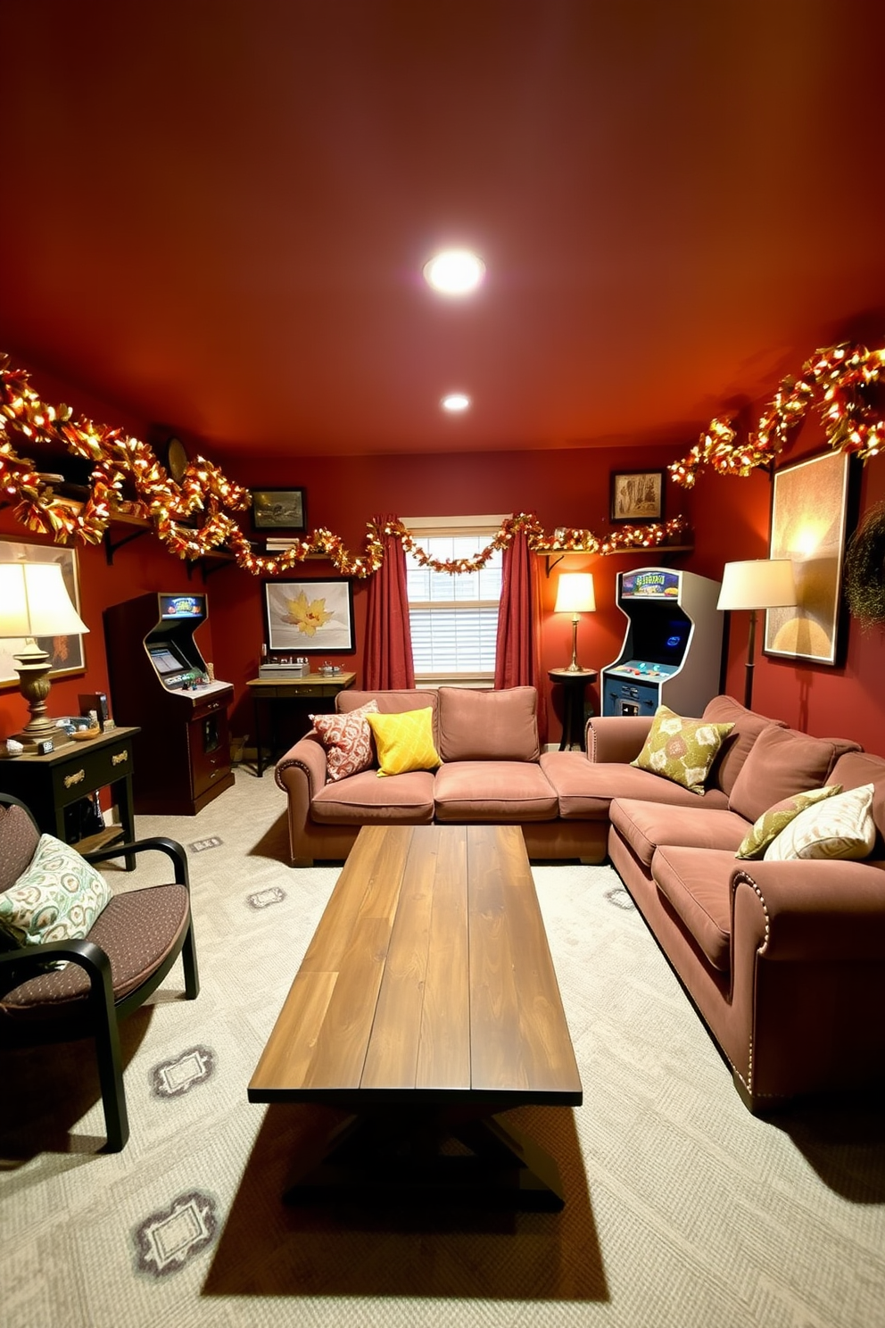 A cozy game room adorned with festive garlands draped across the shelves creates a warm and inviting atmosphere. The walls are painted in a rich autumn hue, while a large sectional sofa is positioned around a rustic coffee table, perfect for game nights. Colorful throw pillows add a playful touch to the seating area, and a vintage arcade machine stands proudly in one corner. Soft lighting from stylish lamps casts a welcoming glow, enhancing the festive decor throughout the space.