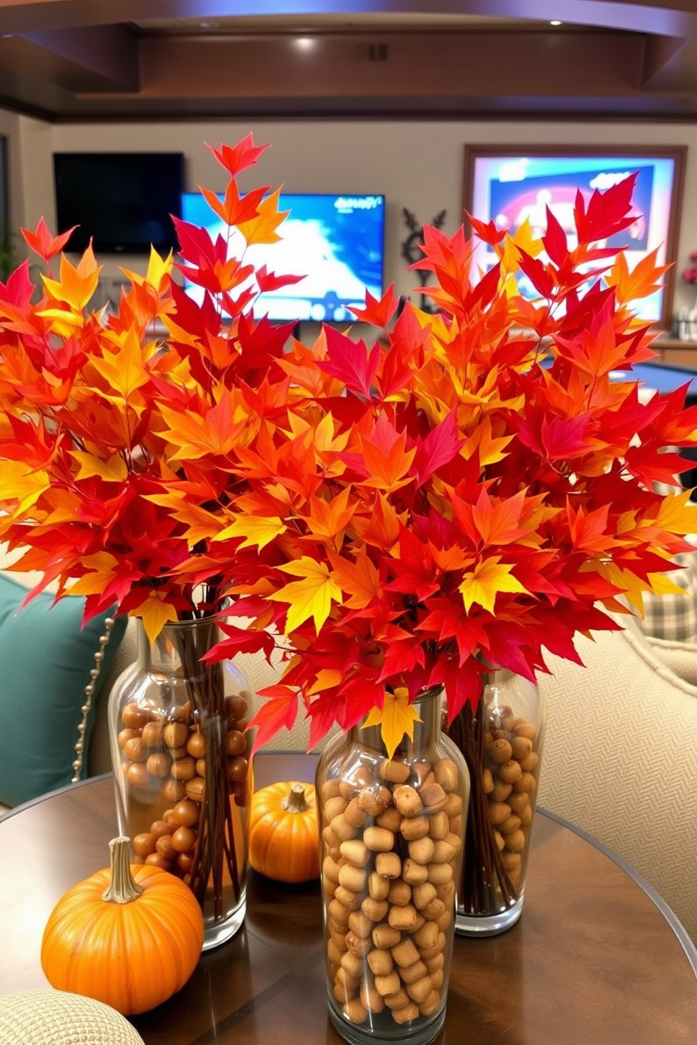 Colorful fall foliage arrangements in vases. The vases are filled with vibrant red, orange, and yellow leaves, creating a warm and inviting atmosphere. Fall Game Room Decorating Ideas. The game room features cozy seating with rich textures and warm colors, complemented by autumn-themed decor and playful accents.