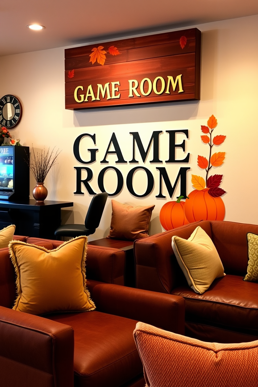 A stylish game room sign featuring an autumn theme. The sign is adorned with warm colors like orange and deep red, complemented by leaves and pumpkins for a cozy seasonal touch. The game room is decorated with plush seating in rich browns and golds. Soft lighting creates an inviting atmosphere, while autumn-themed decor pieces enhance the seasonal vibe.