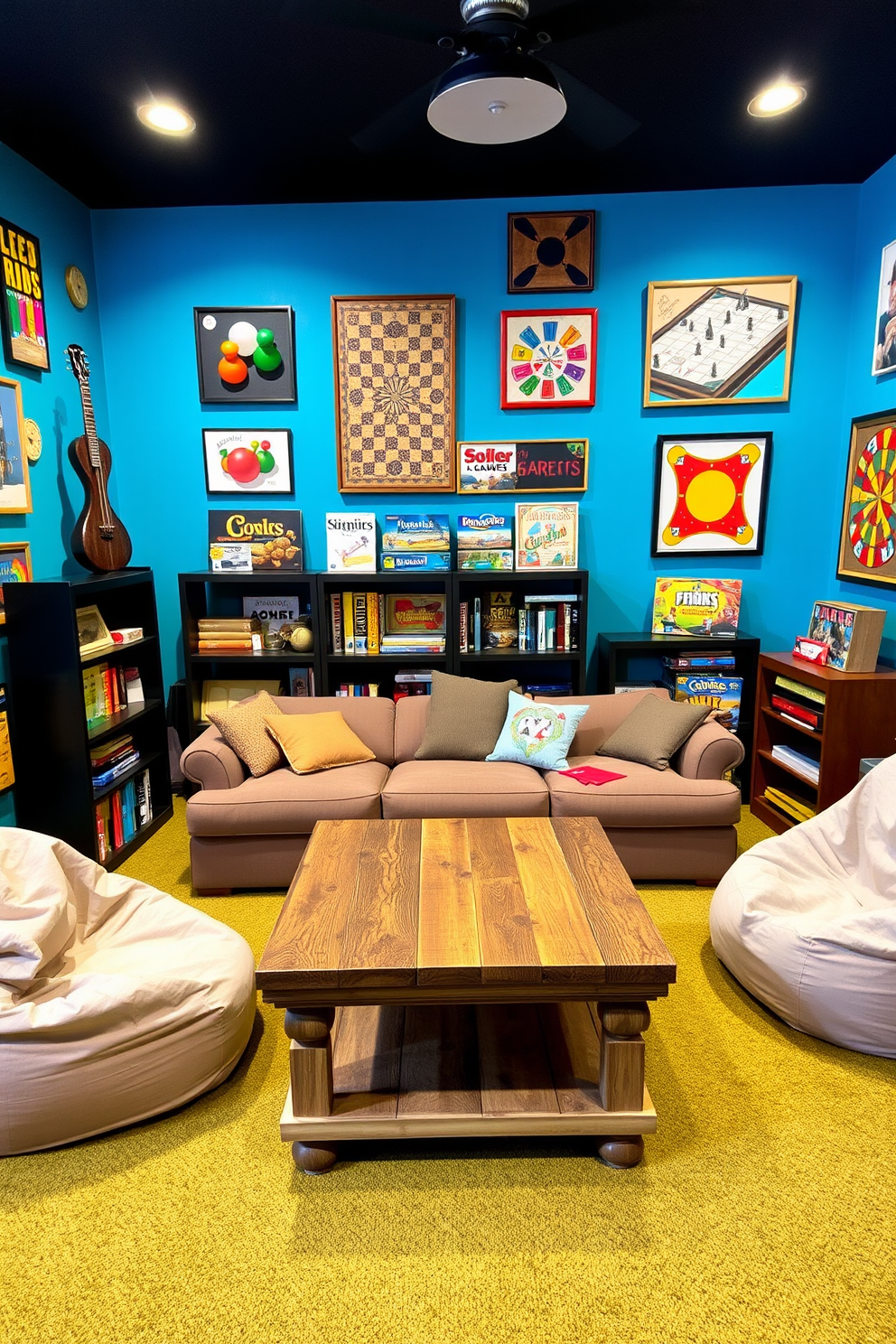 A vibrant game room featuring wall decor inspired by classic board games. The walls are adorned with colorful artwork depicting game pieces and iconic game boards, creating a playful and inviting atmosphere. The room includes a cozy seating area with a plush sectional sofa and oversized bean bags. A rustic wooden coffee table sits in the center, surrounded by shelves filled with board games, inviting friends and family to gather for fun and relaxation.