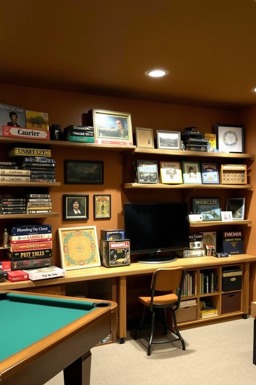 A cozy game room featuring rustic wooden shelves that display an array of board games and collectibles. The walls are painted in warm earth tones, complemented by soft lighting that creates an inviting atmosphere.