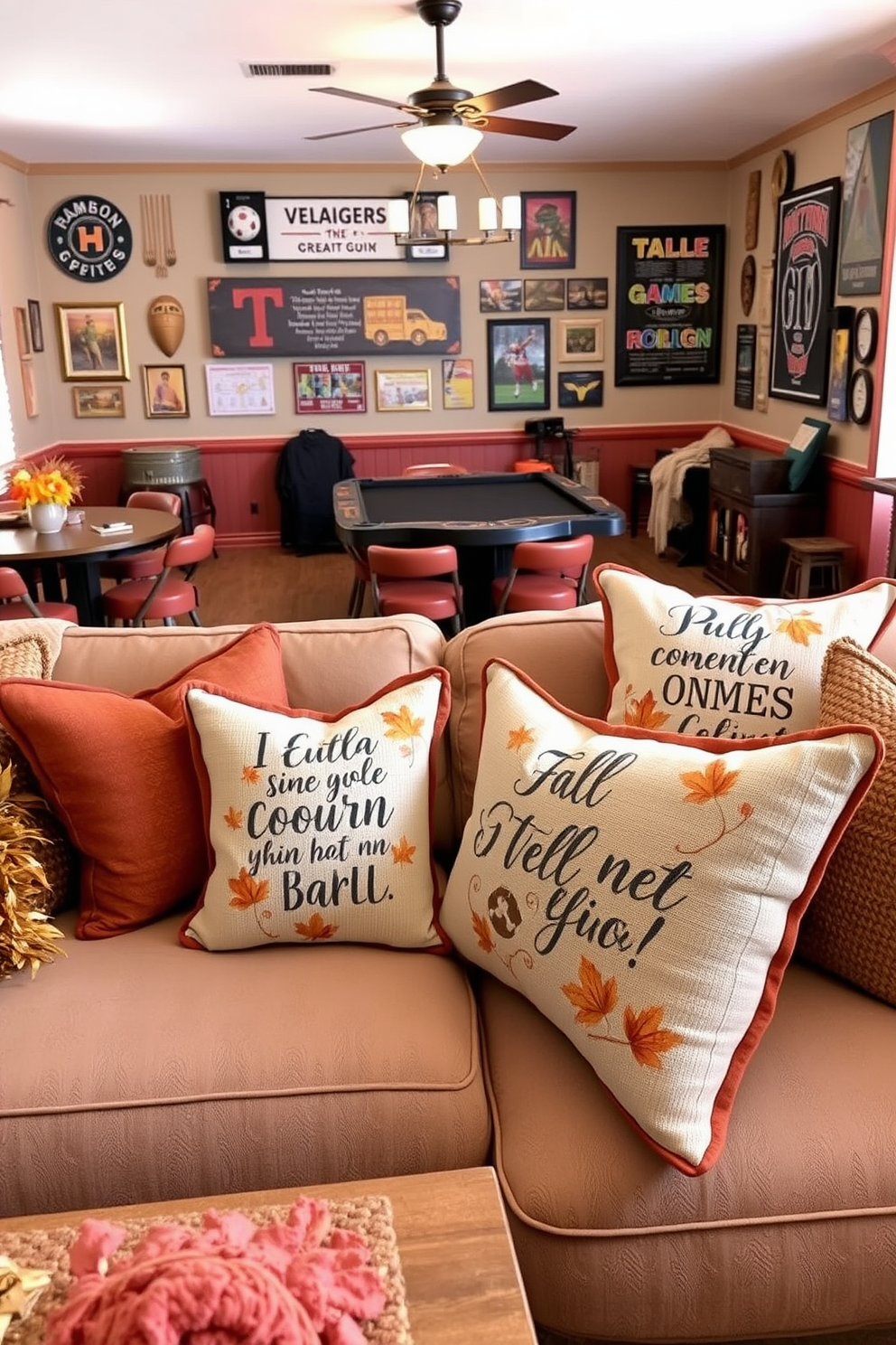 Cozy fall-themed throw pillows adorned with inspirational quotes in warm autumn colors. The pillows are arranged on a plush, neutral-colored sofa surrounded by rustic decor elements like wooden accents and seasonal foliage. A vibrant game room designed for entertaining with a mix of vintage and modern elements. The space features a large gaming table, comfortable seating, and walls decorated with framed sports memorabilia and playful art.