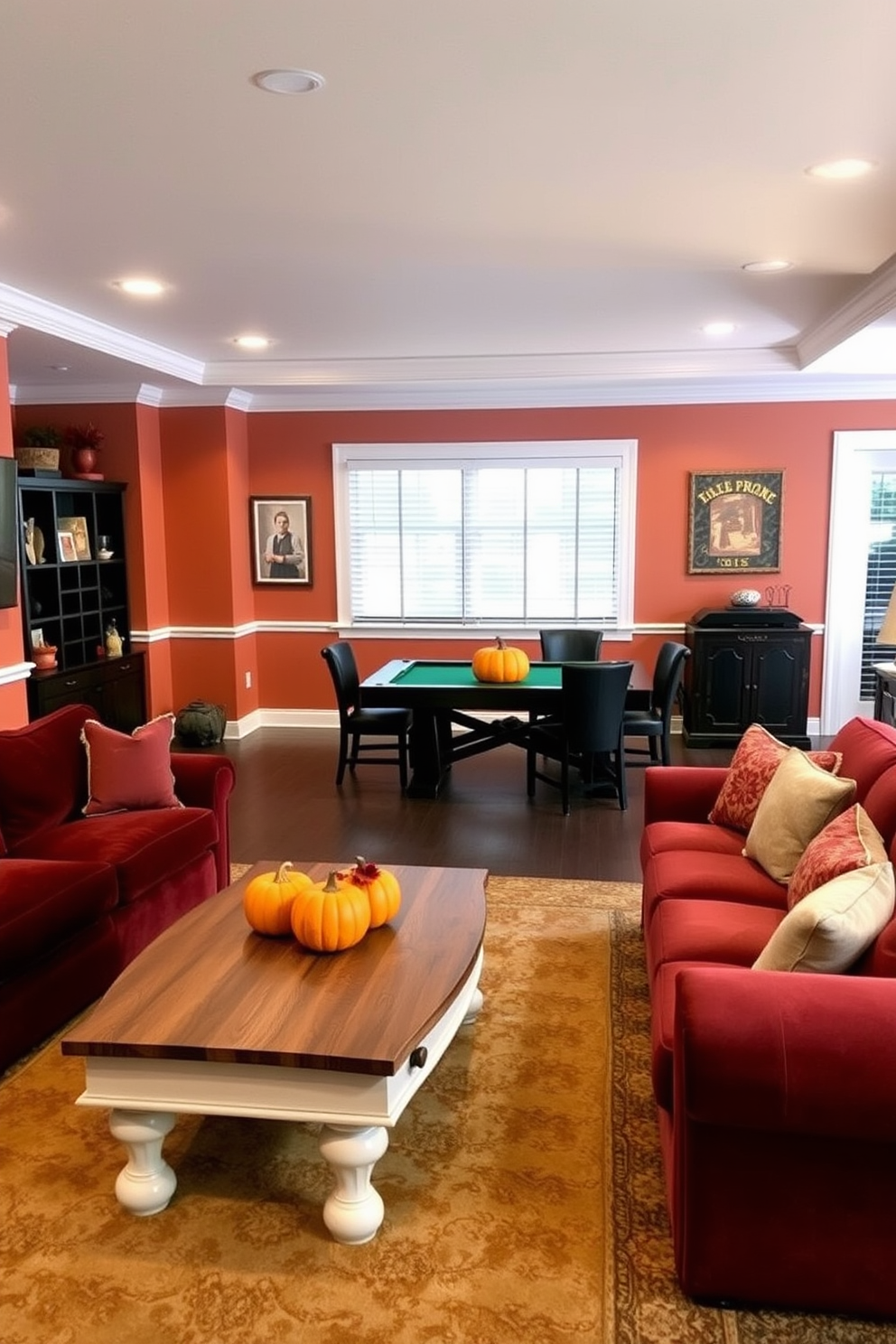 A cozy game room featuring a large coffee table adorned with vibrant pumpkin accents. The walls are painted in warm earthy tones, creating an inviting atmosphere perfect for autumn gatherings. Plush seating arrangements in rich colors invite relaxation and fun. Soft lighting enhances the playful ambiance, making it an ideal space for family game nights.