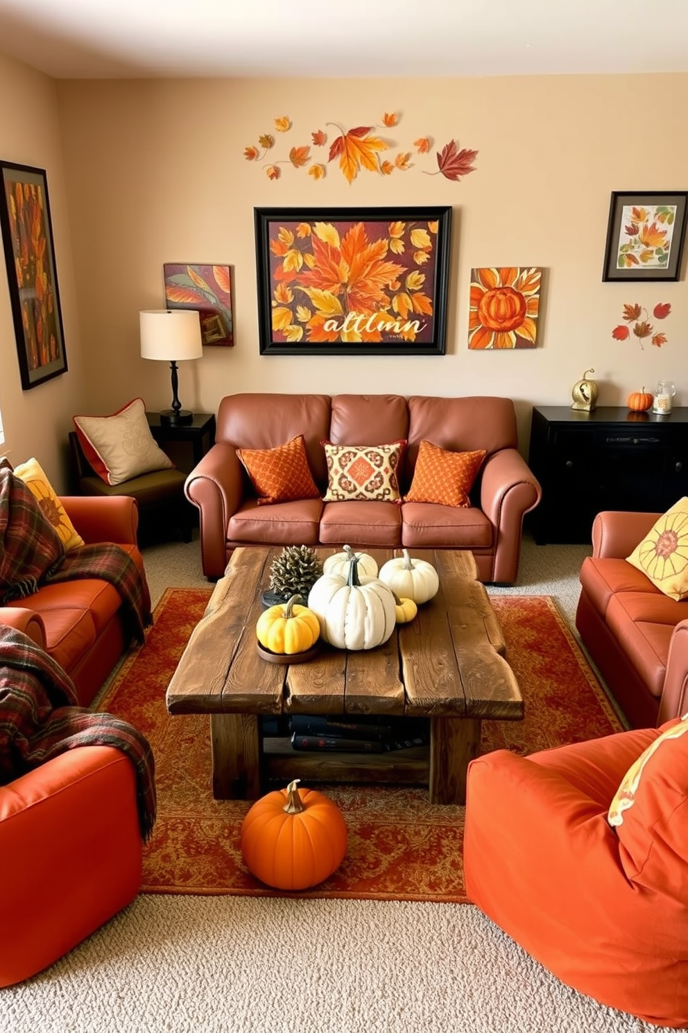 A cozy game room decorated for autumn features warm tones and playful elements. The walls are adorned with autumn-themed wall art, showcasing vibrant leaves and seasonal motifs that create a welcoming atmosphere. Comfortable seating arrangements include plush sofas and bean bags in rich oranges and browns. A rustic coffee table made of reclaimed wood sits at the center, surrounded by decorative pumpkins and cozy throws.