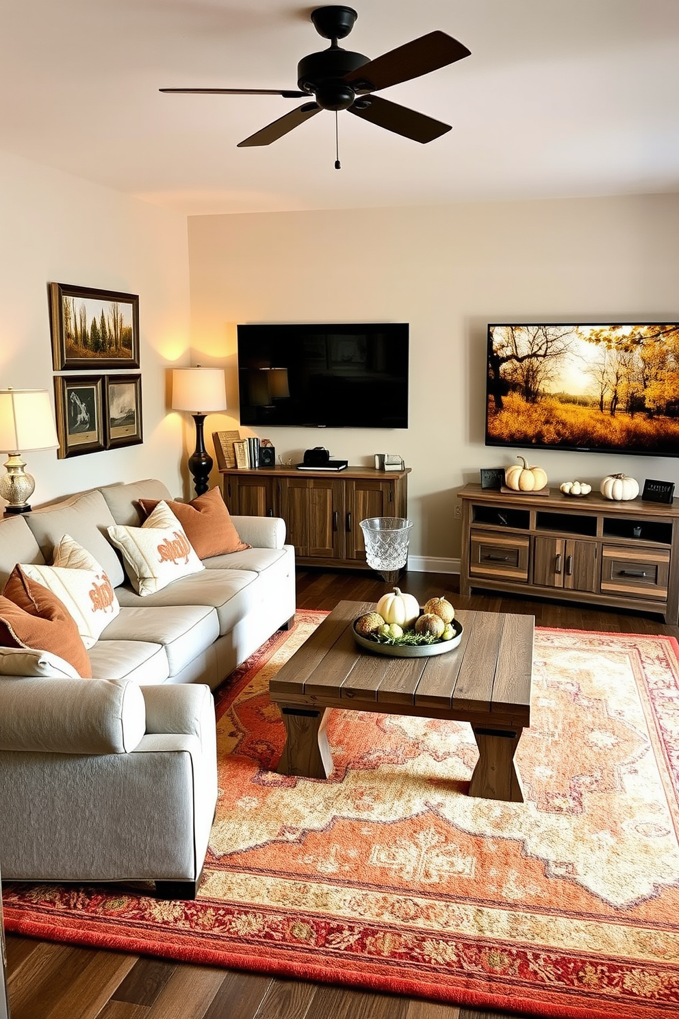 A cozy game room designed for fall features layered area rugs in warm, earthy tones. The space includes a plush sectional sofa adorned with autumn-themed throw pillows and a rustic coffee table made from reclaimed wood. Soft lighting from vintage-style lamps creates an inviting atmosphere, while a large wall-mounted television provides entertainment. Decorative elements like pumpkin accents and framed artwork depicting fall landscapes enhance the seasonal vibe.