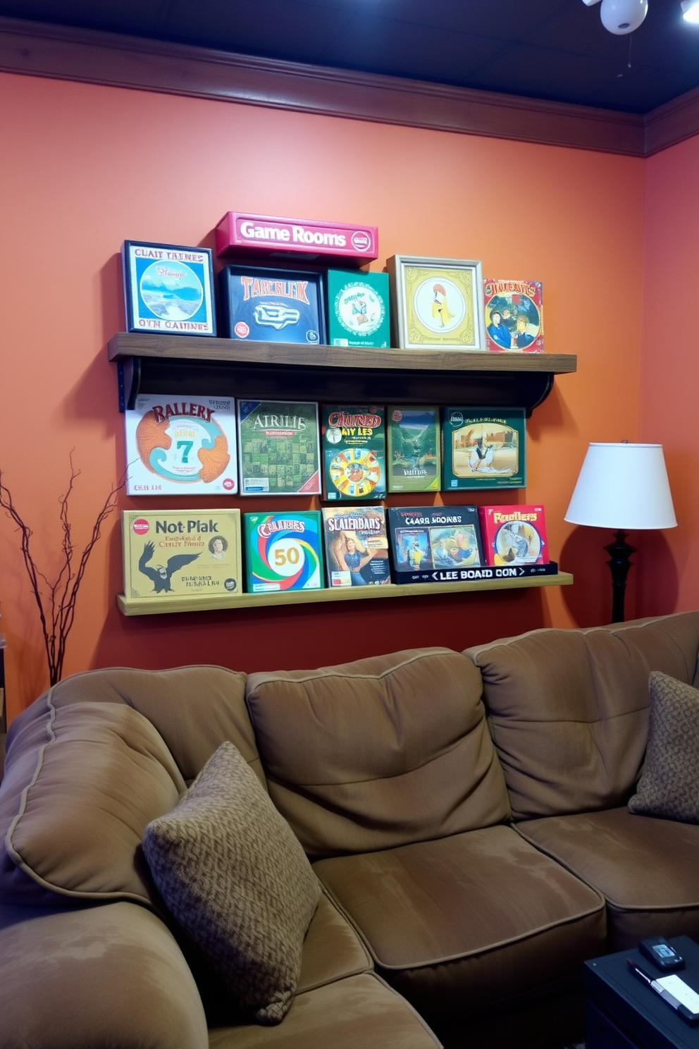 A cozy game room featuring vintage board games displayed on a rustic wooden shelf. The walls are painted in warm autumn hues, and a plush, oversized sofa invites relaxation while enjoying game night.