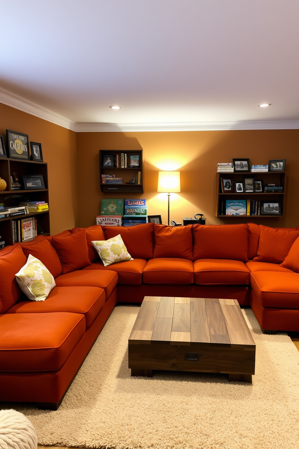 A cozy game room filled with an earthy color palette of warm oranges and rich browns. A large sectional sofa in a deep rust color is paired with a reclaimed wood coffee table, creating a welcoming gathering space. On one side of the room, a wall-mounted shelf displays an array of board games and colorful decor pieces. Soft ambient lighting from a stylish floor lamp enhances the inviting atmosphere, while a plush area rug adds comfort underfoot.