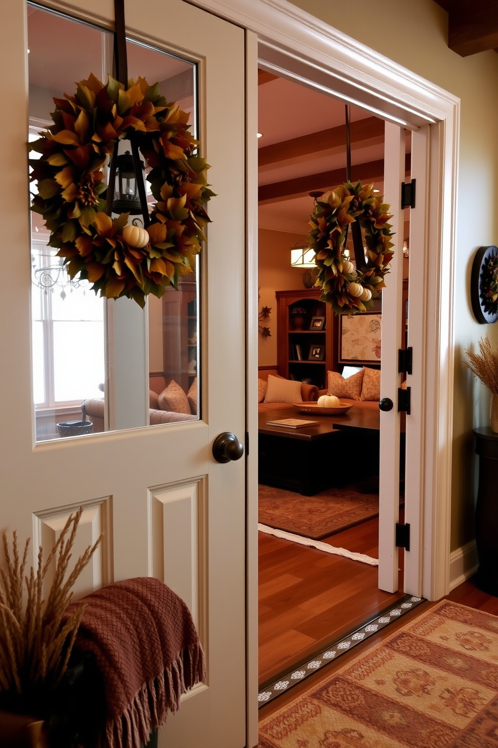 A cozy game room entrance adorned with seasonal wreaths hanging on the doors. The wreaths are made of autumn leaves, pinecones, and small pumpkins, creating a warm and inviting atmosphere. Inside the game room, the decor features rich earth tones with plush seating and a rustic wooden coffee table. Soft lighting enhances the inviting feel, complemented by cozy throws and seasonal accents throughout the space.