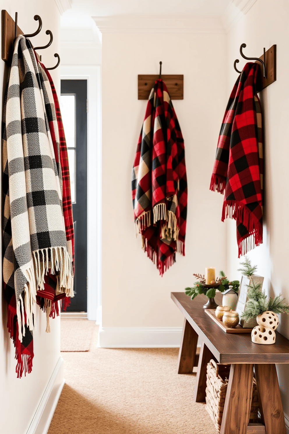 A cozy hallway adorned with warm plaid throw blankets hanging on stylish hooks. The walls are painted in a soft cream color, complemented by a rustic wooden bench and a collection of seasonal decor.