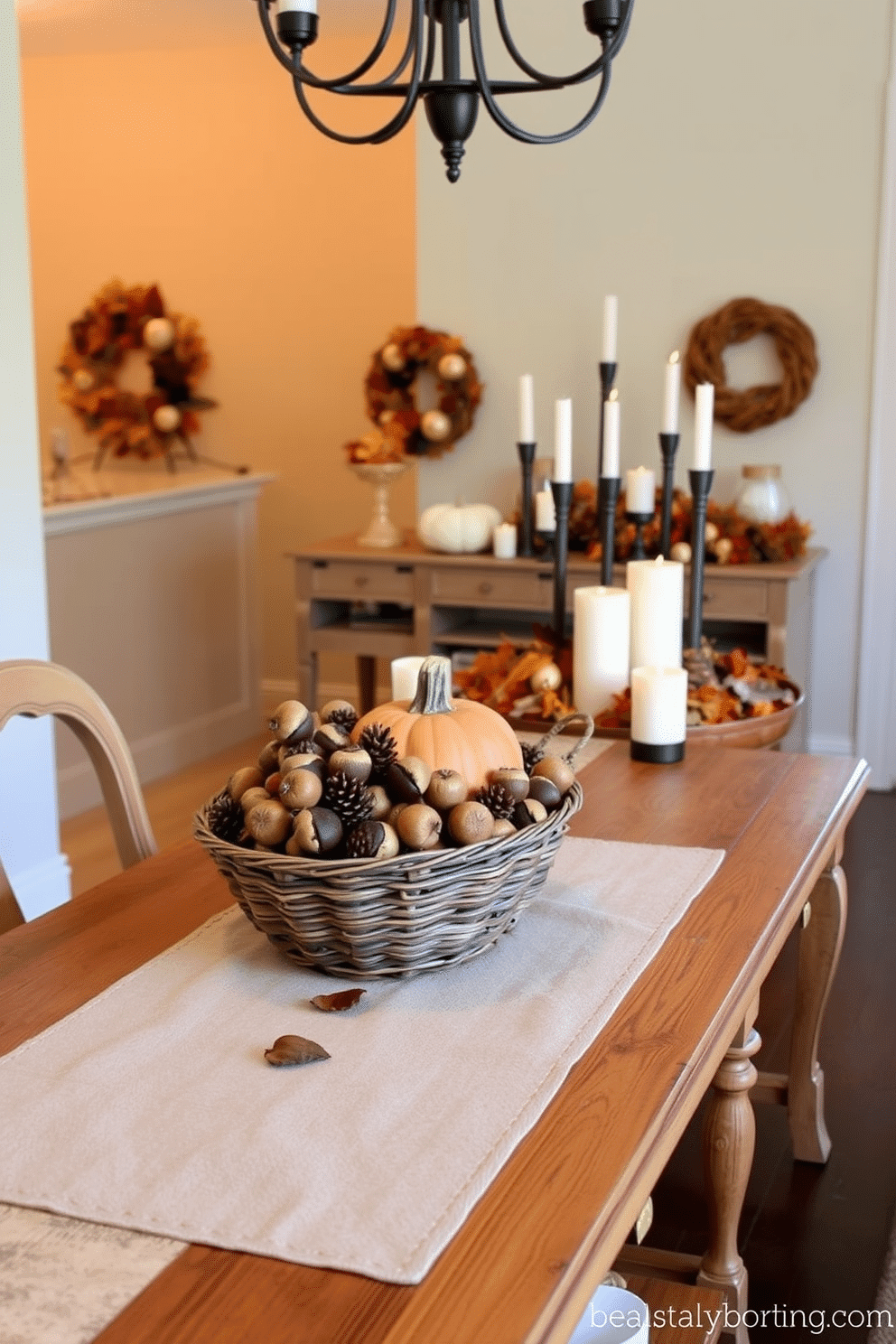 Acorn and pinecone table accents create a charming and rustic atmosphere. A wooden table features a decorative arrangement of acorns and pinecones in a woven basket, complemented by soft, warm lighting. Fall hallway decorating ideas include a welcoming display of seasonal decor. A console table is adorned with a pumpkin centerpiece, surrounded by autumn leaves and candles in varying heights.