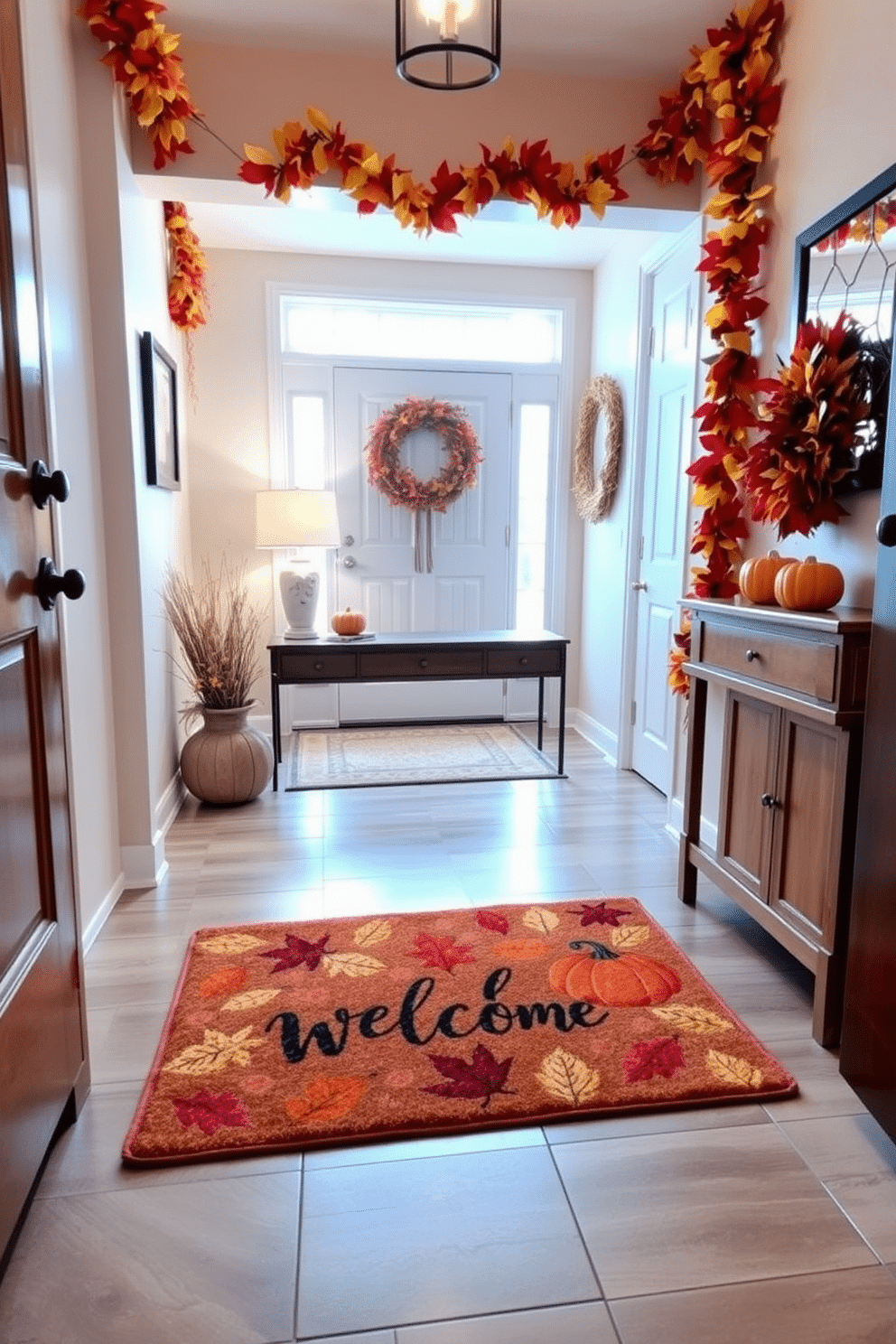 A fall-themed welcome mat is placed at the entrance, featuring warm colors with leaves and pumpkins. The mat welcomes guests with a cozy autumn vibe and sets the tone for the interior decor. The hallway is adorned with autumn decorations, including garlands made of colorful leaves and small pumpkins placed on a console table. Soft lighting highlights the seasonal decor, creating an inviting atmosphere as one enters the home.