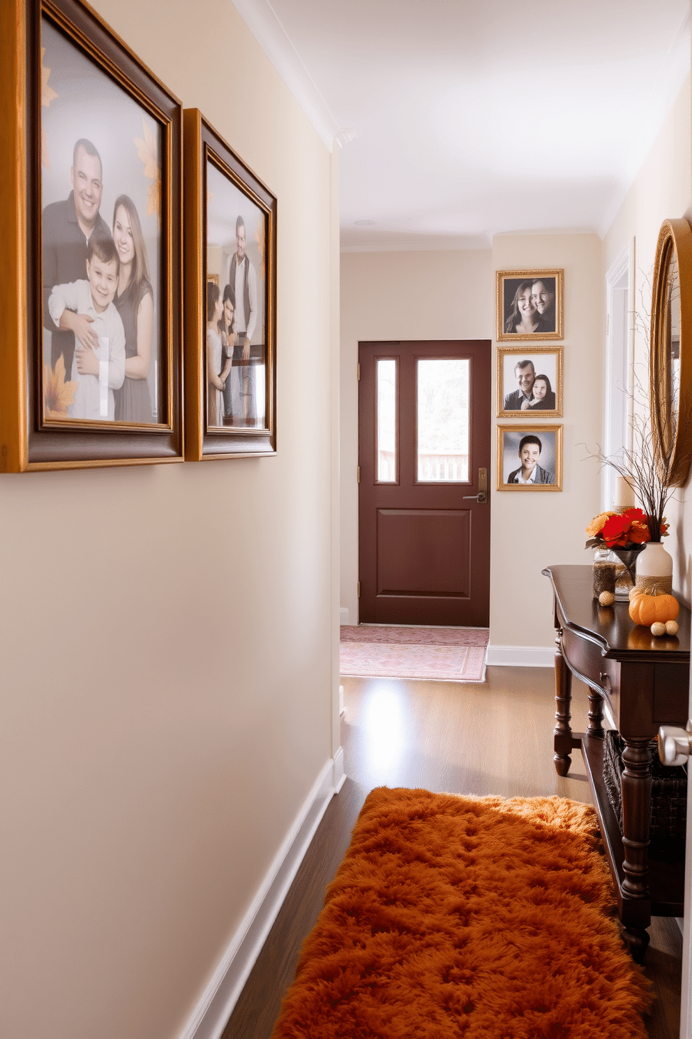 Framed family photos with autumn frames adorn the walls of a cozy hallway. The warm hues of the frames complement the soft gold accents in the decor, creating a welcoming atmosphere. The hallway features a rich wooden console table topped with seasonal decorations. A plush runner in shades of orange and brown adds texture and warmth to the space.