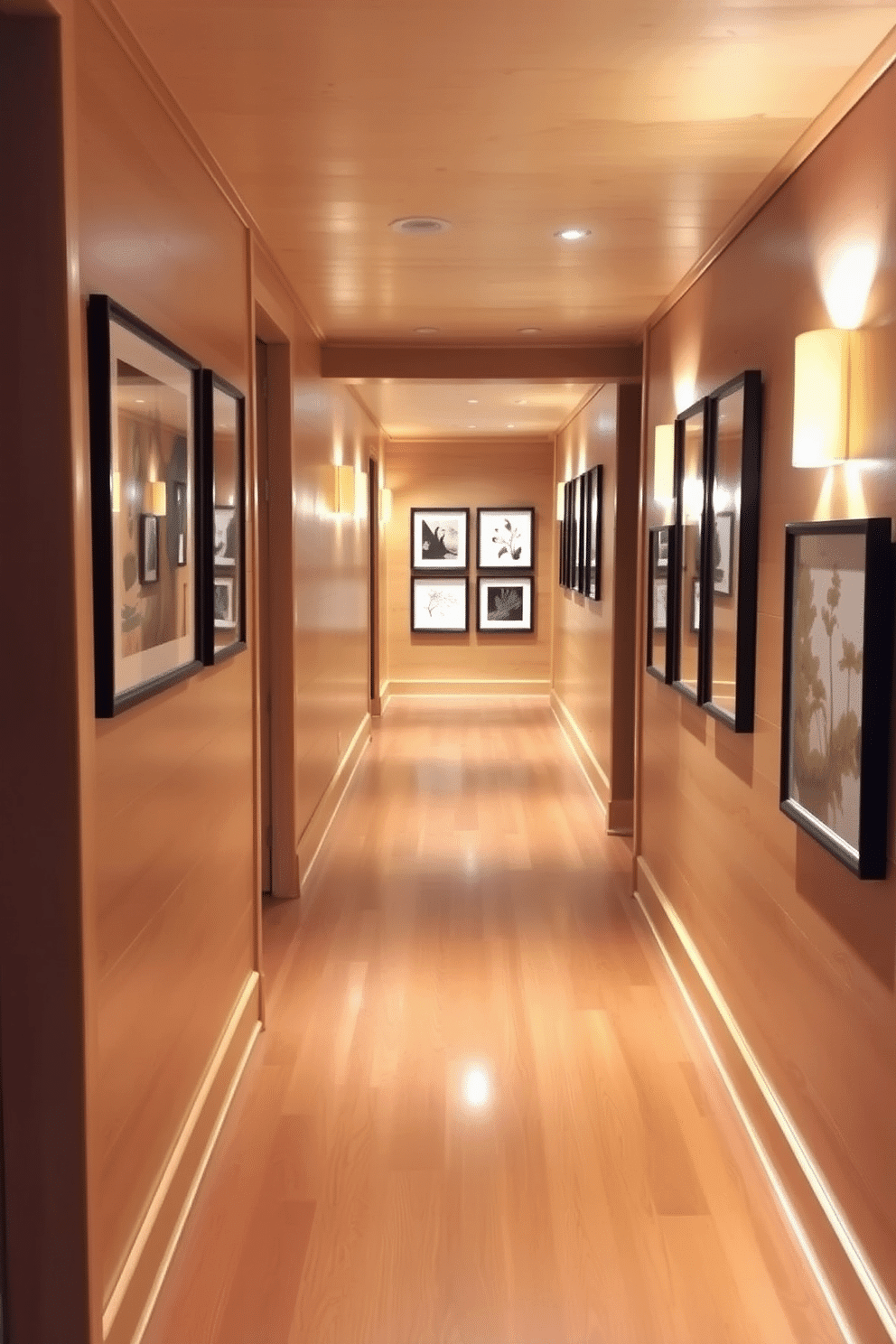 A serene hallway adorned with natural wood elements creates a warm and inviting atmosphere. The walls are lined with wooden paneling, and the floor features rich hardwood that complements the overall design. Soft lighting fixtures are strategically placed to highlight the beauty of the wood finishes. A collection of framed artwork with nature-inspired themes adds a personal touch to the space.