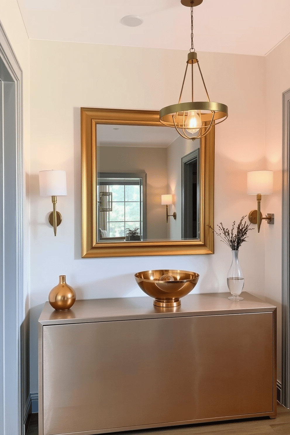 A stylish hallway adorned with gold and copper accents. The walls are painted in a soft cream color, complemented by a sleek console table with a metallic finish. On the console table, a decorative bowl in copper holds seasonal items. A large mirror with a gold frame hangs above, reflecting the warm light from a chic pendant fixture.